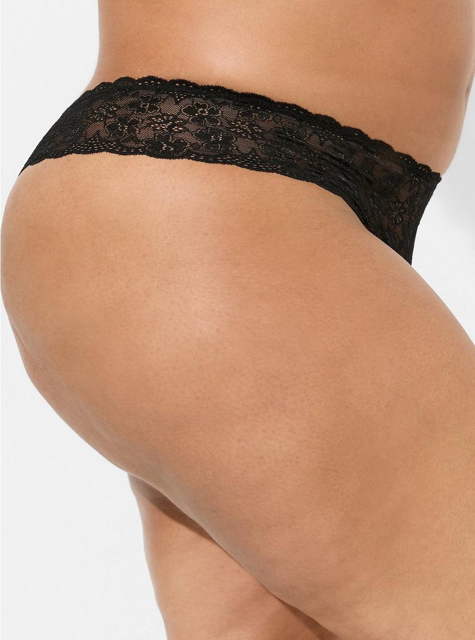 Lace Mid-Rise Thong Panty, RICH BLACK, alternate