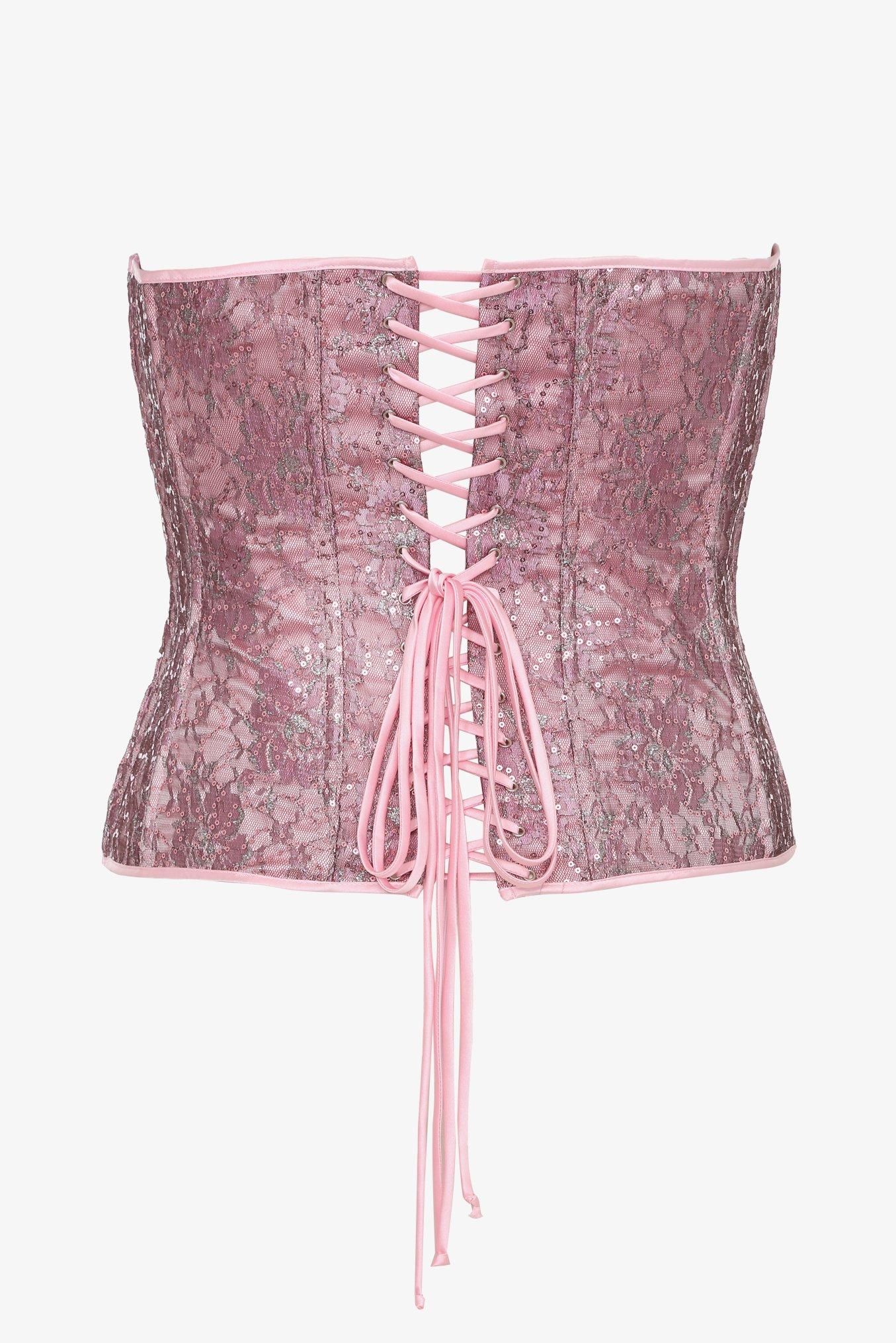 Plus Size Pink Sequined Lace Overlay Satin Corset, NONEC, alternate