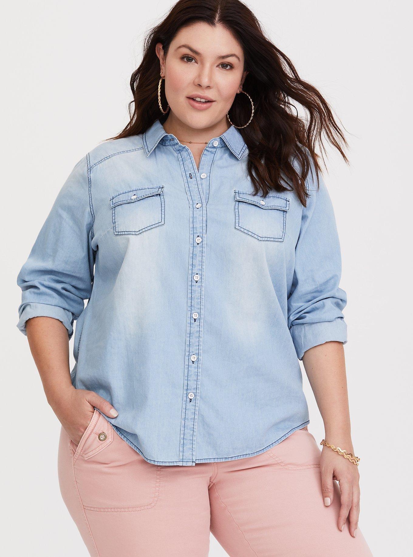 Plus Size - Taylor Medium Wash Denim Button-Down Shirt - Torrid