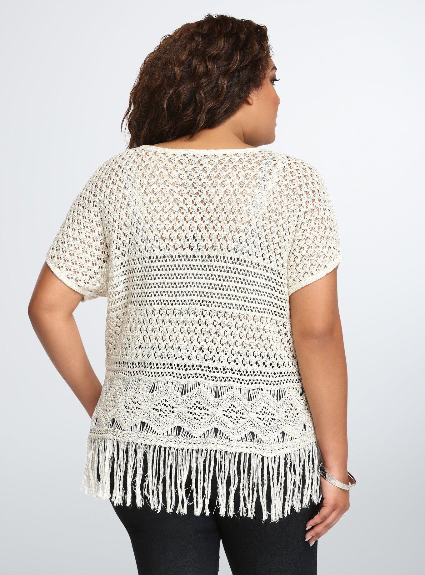 Plus Size Open Stitch Fringe Sweater, CLOUD DANCER, alternate