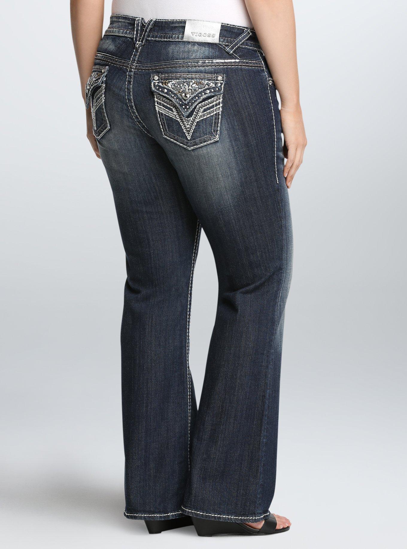 Plus Size - Vigoss New York Boot Jean - Dark Wash with Embroidery &  Gemstones - Torrid