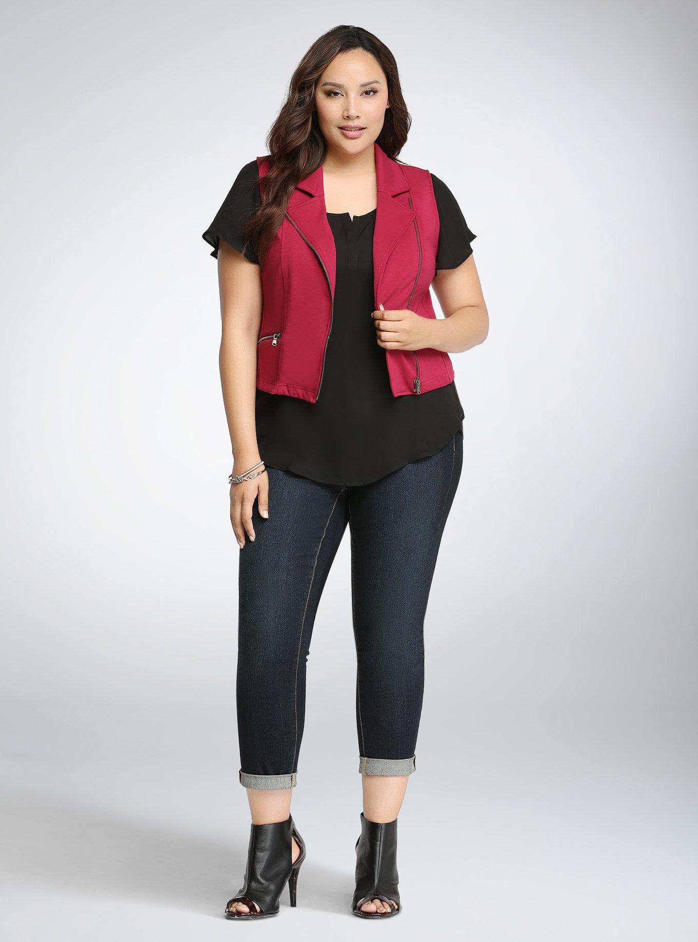 Plus Size Moto Cropped Vest, BEET RED, alternate