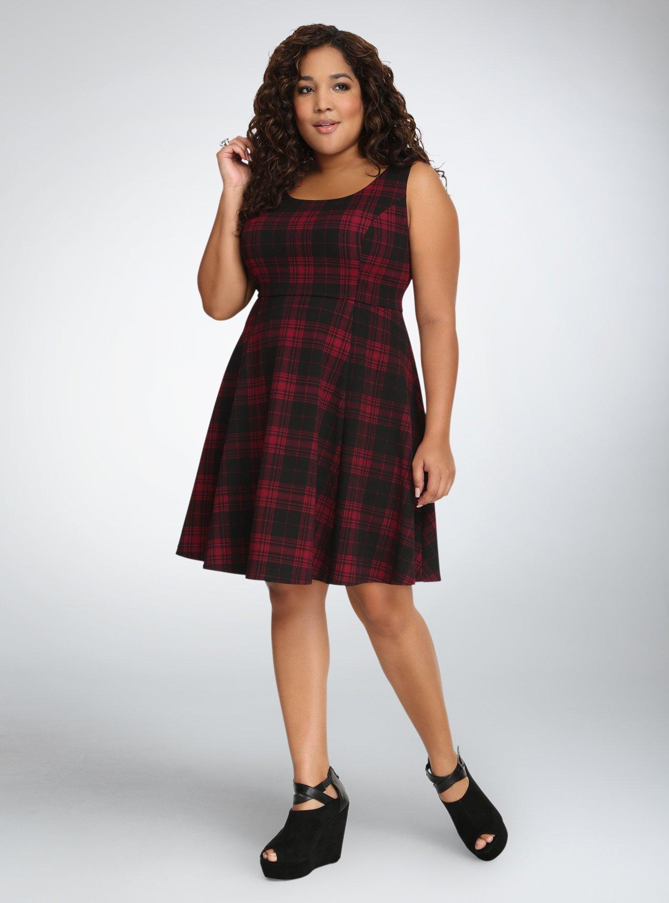 Plus Size Plaid Textured Skater Dress, STANDARD PLAID, alternate