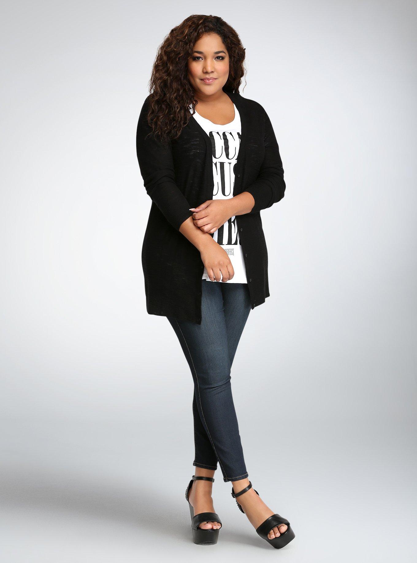 Plus Size Long Boyfriend Cardigan, DEEP BLACK, alternate