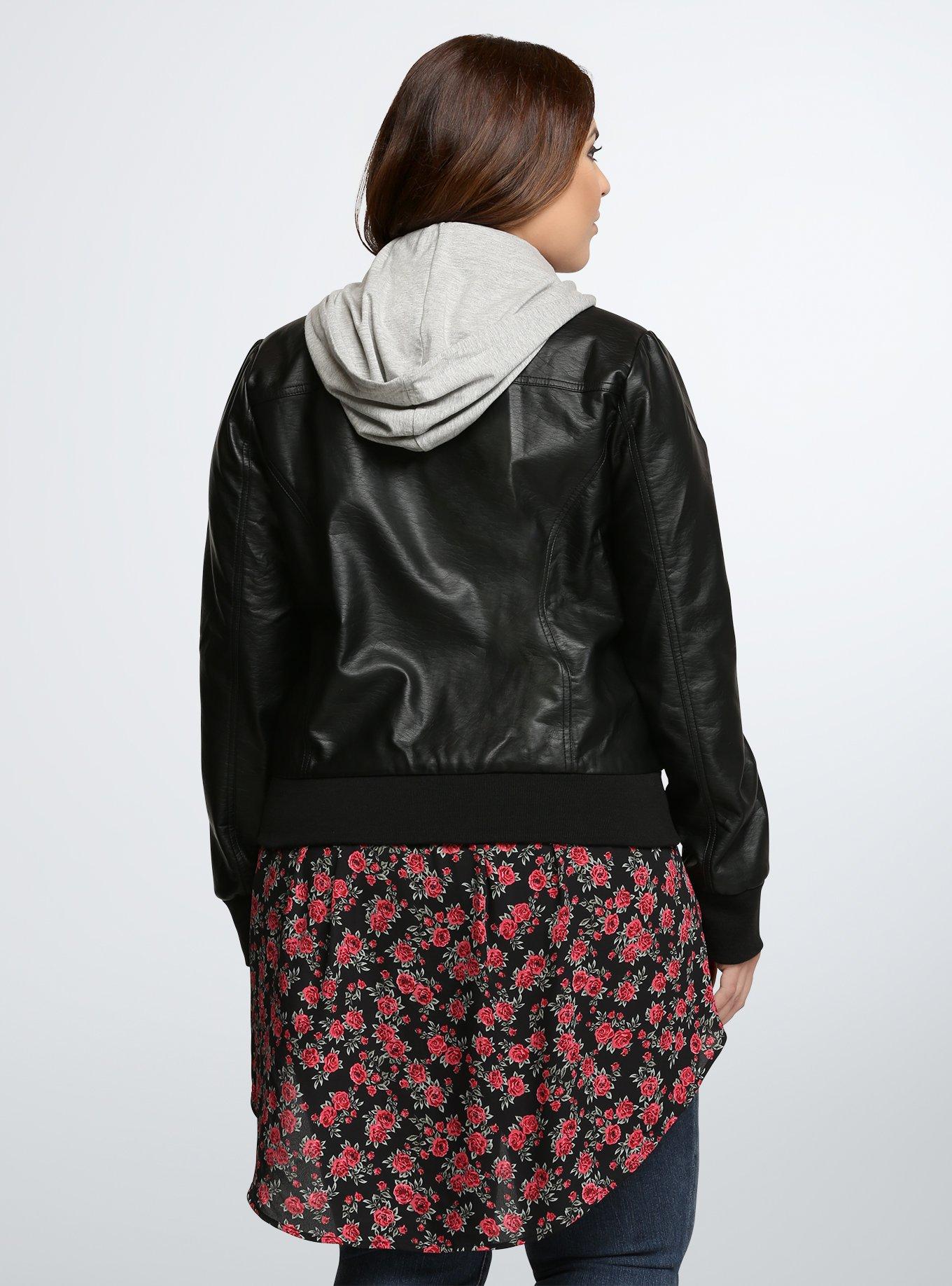 Faux Leather Bomber Jacket, DEEP BLACK, alternate