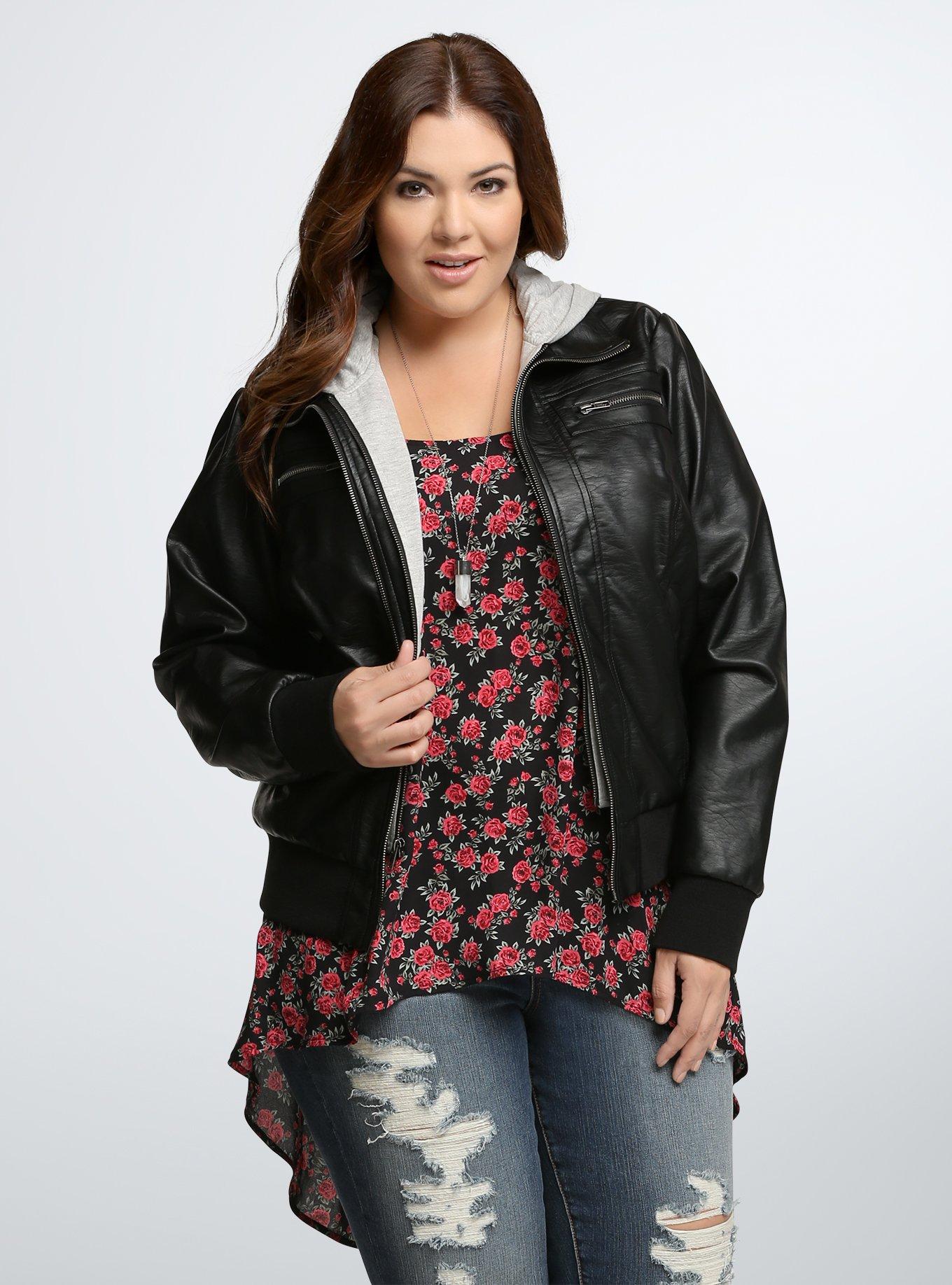 Faux Leather Bomber Jacket, DEEP BLACK, hi-res