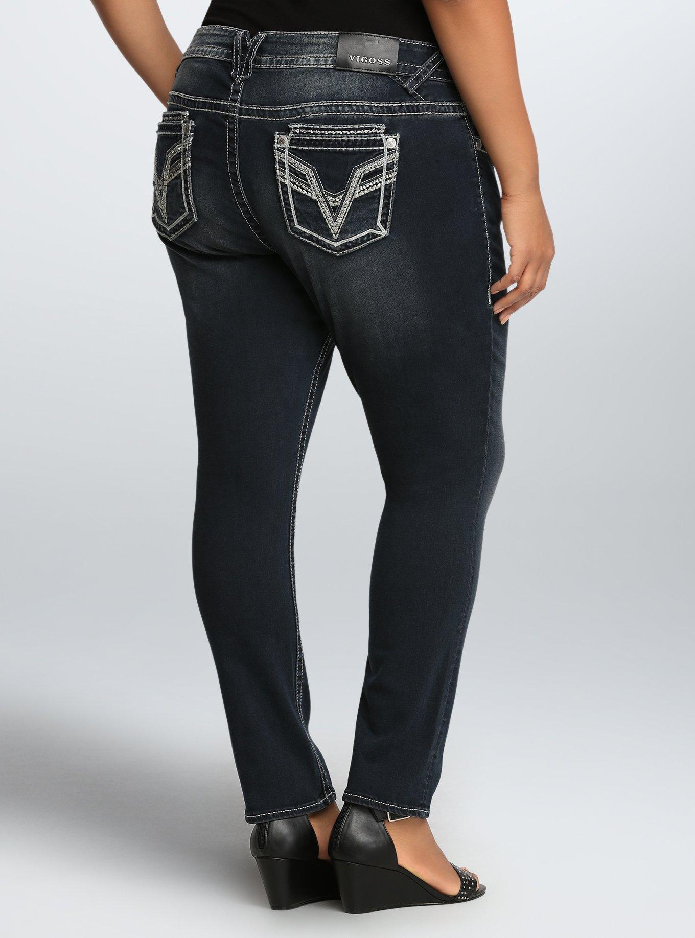Plus Size - Vigoss Dublin Skinny Jean - Dark Wash With Sequin Pocket 