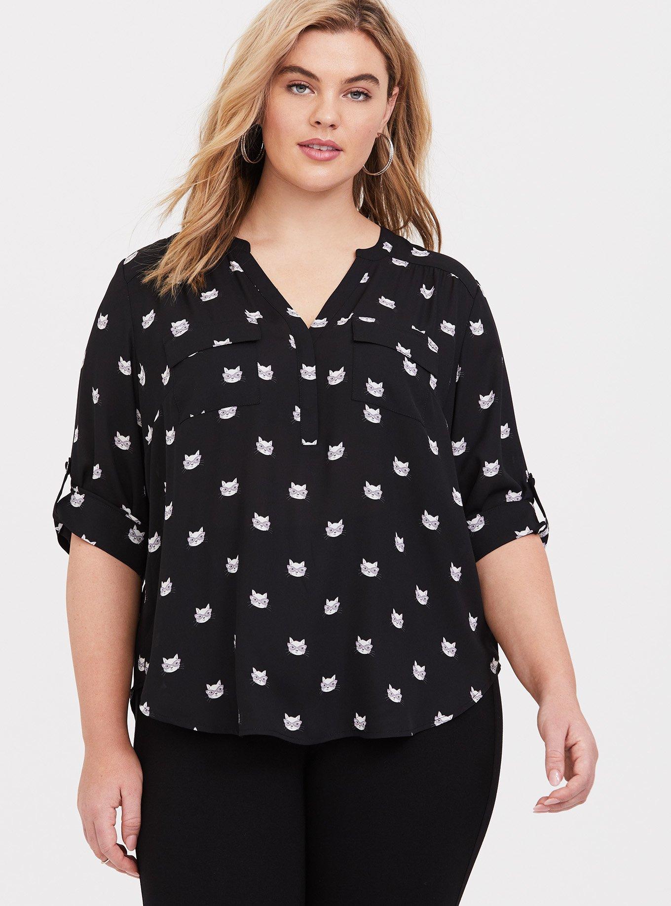 Torrid cheapest Plus 4 Black Polka-Dot White V-Button Placket Neck 3/4 Sleeve Blouse