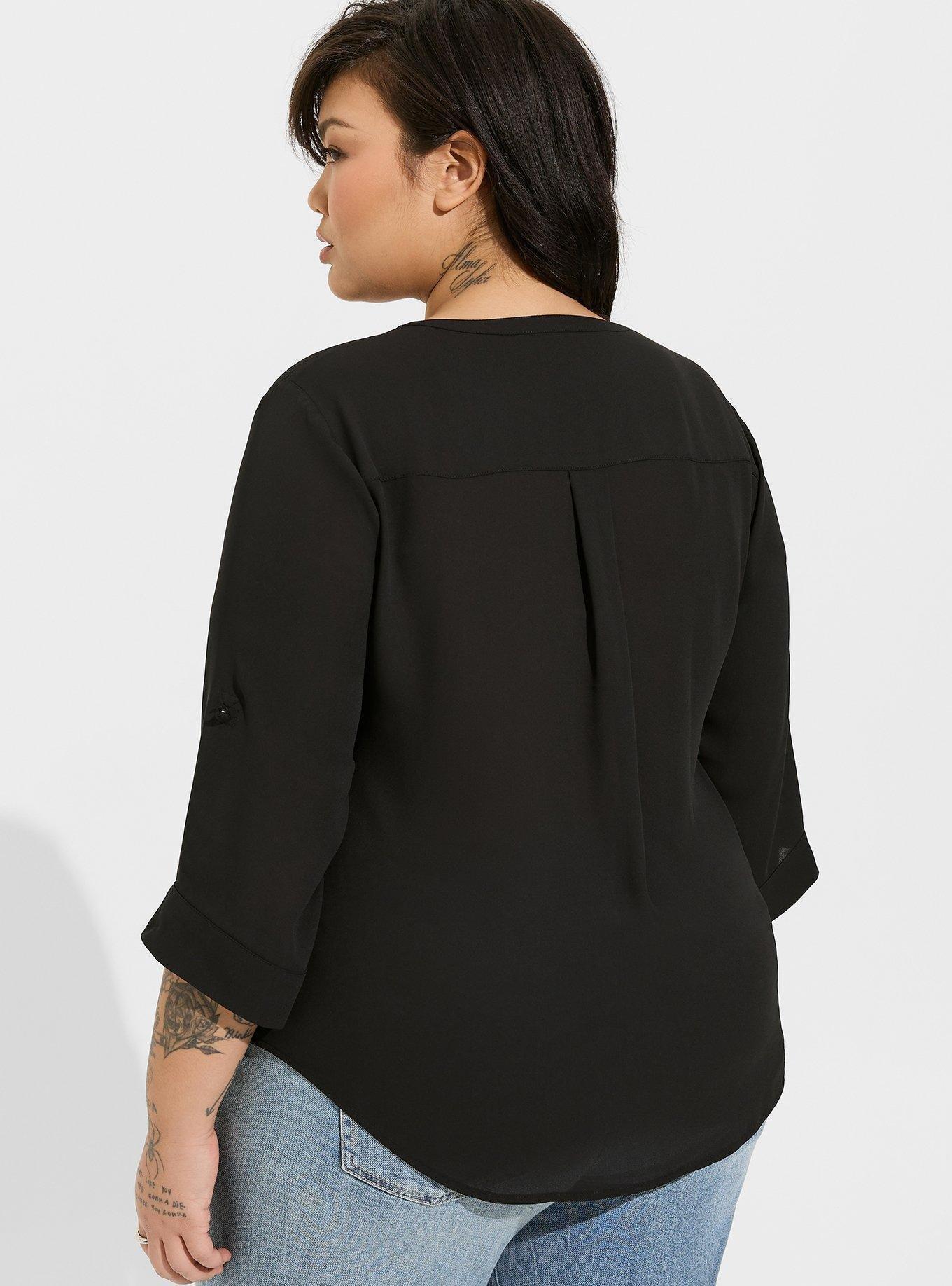 Plunging Neck Rolled-Up Sleeve Blouse