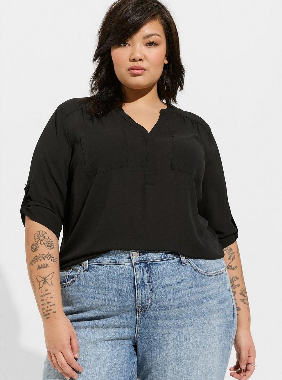 Plus Size Harper Georgette Pullover 3/4 Sleeve Blouse, DEEP BLACK, hi-res