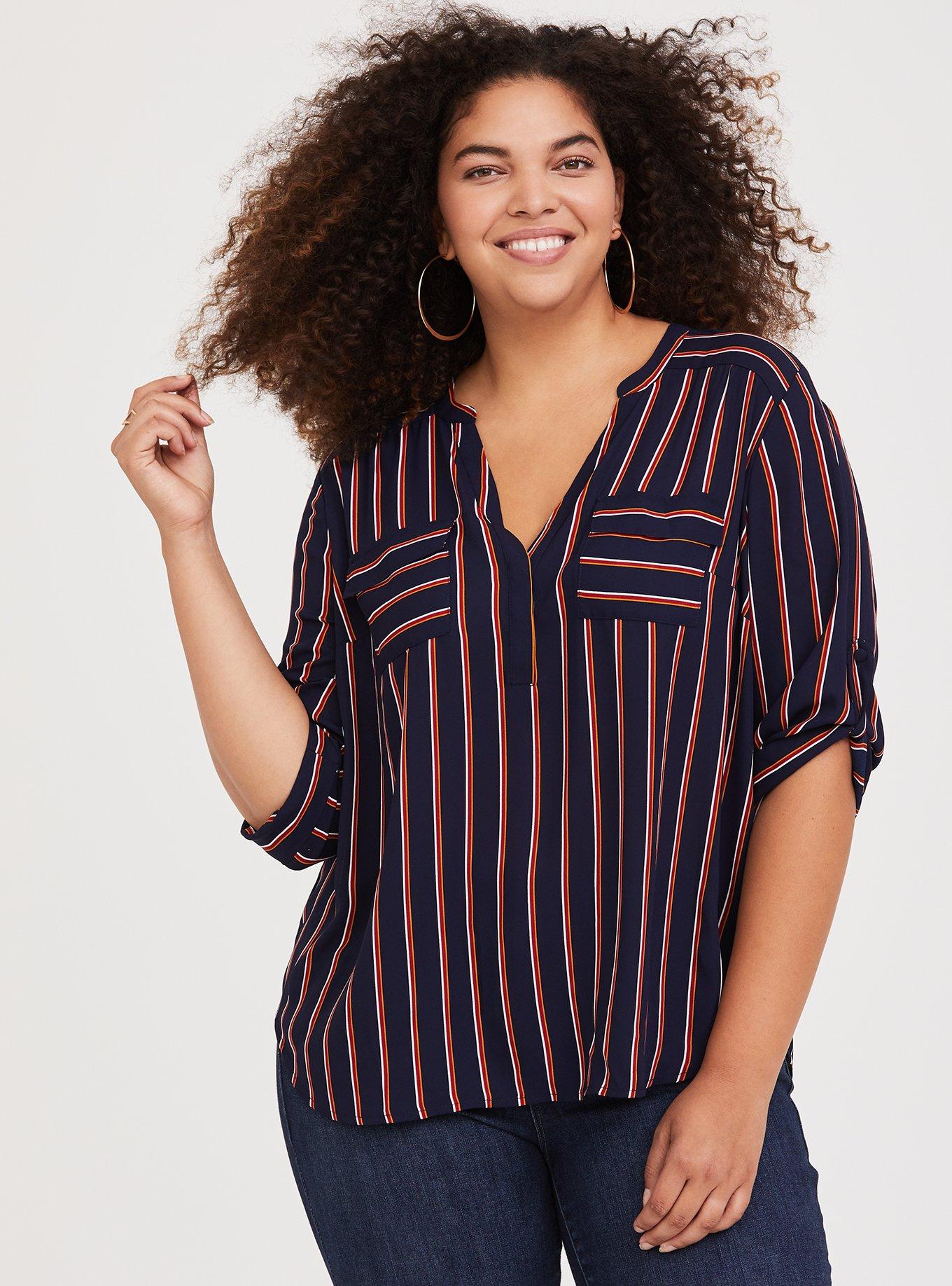 Harper Georgette 3/4 Sleeve Blouse, BLACK ORANGE STRIPE, hi-res