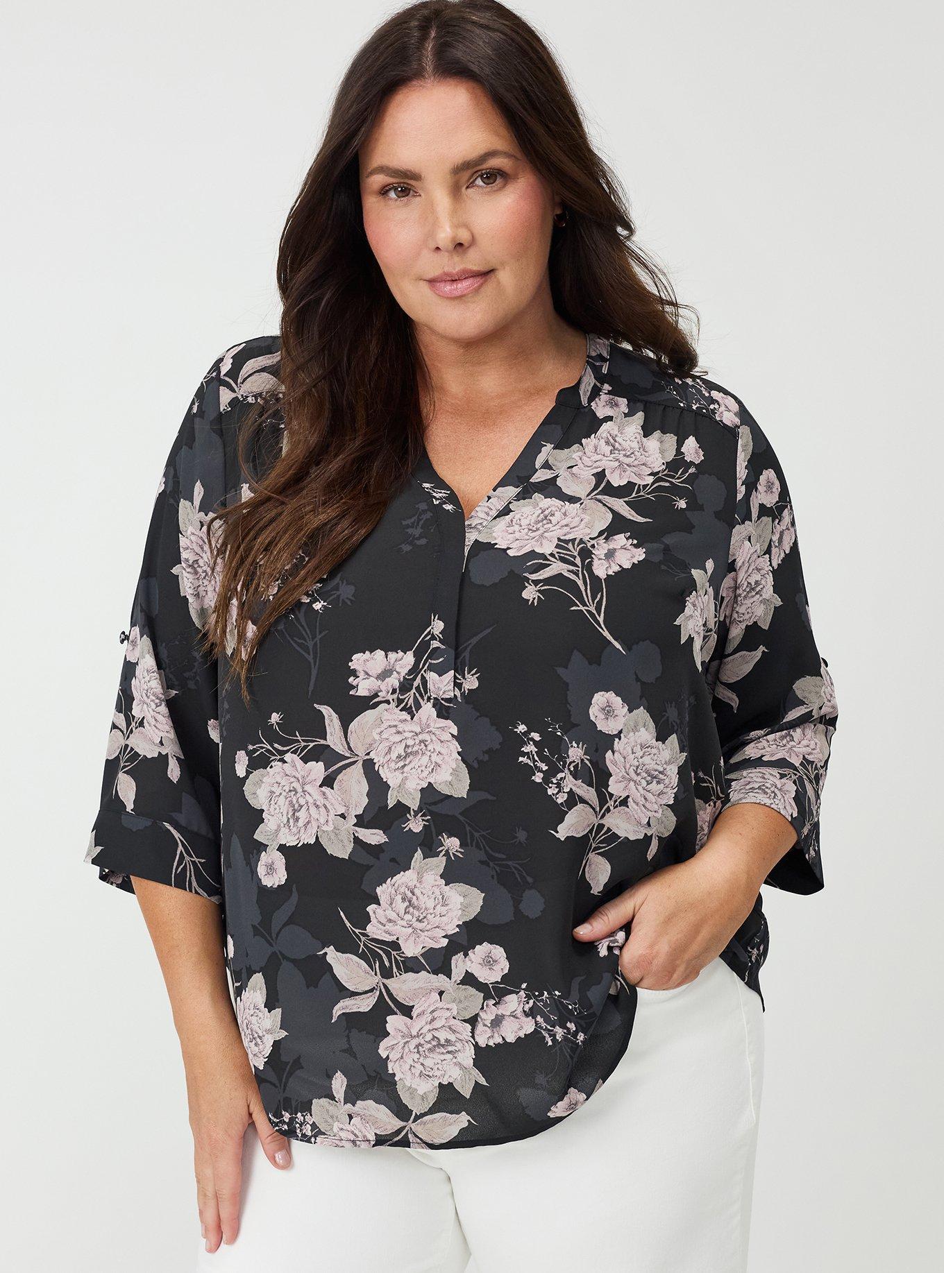 Harper Georgette 3/4 Sleeve Blouse, SKETCHED FLORAL BLACK, hi-res