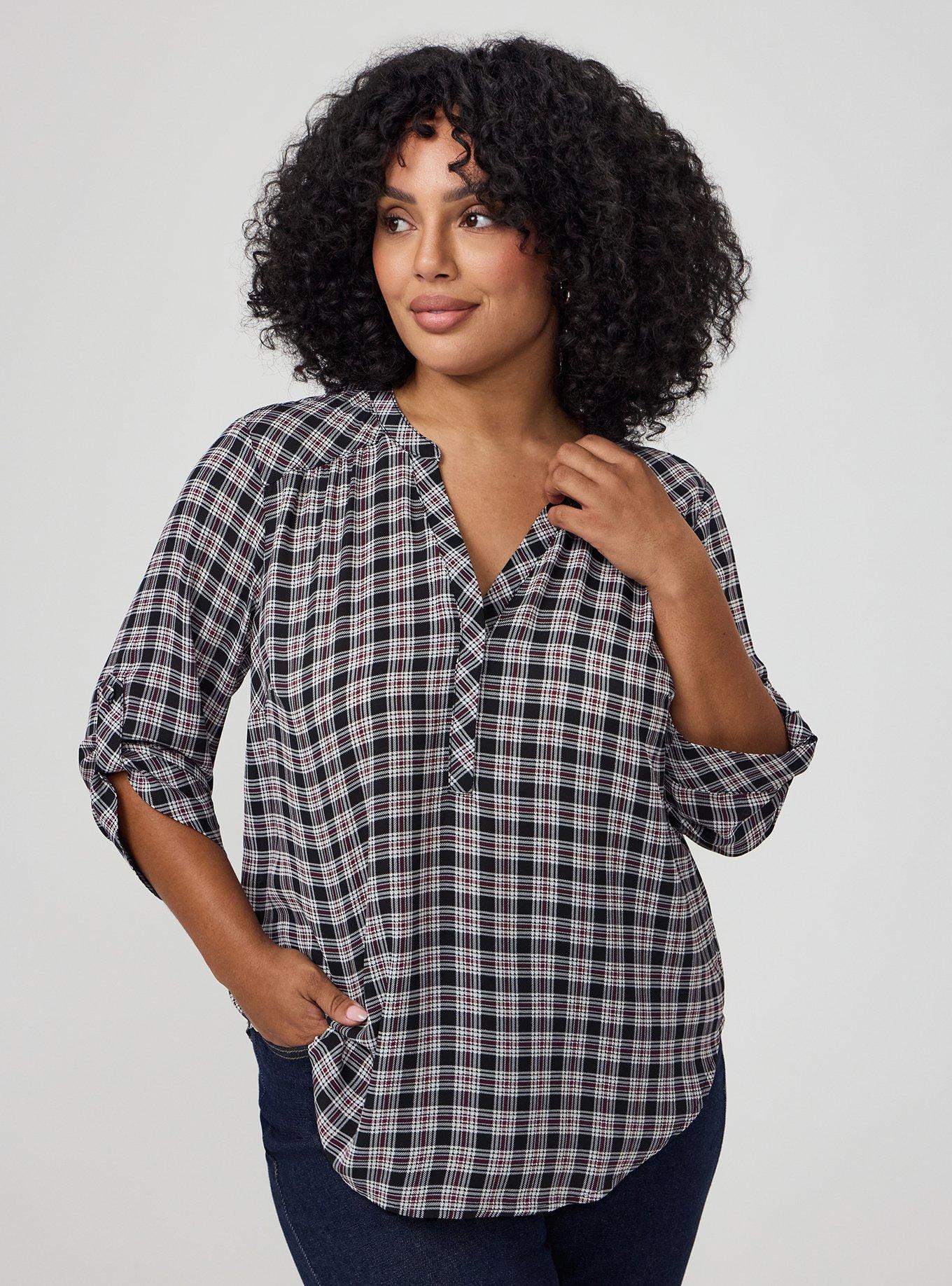 Harper Georgette 3/4 Sleeve Blouse, OZETTA PLAID BLACK, hi-res