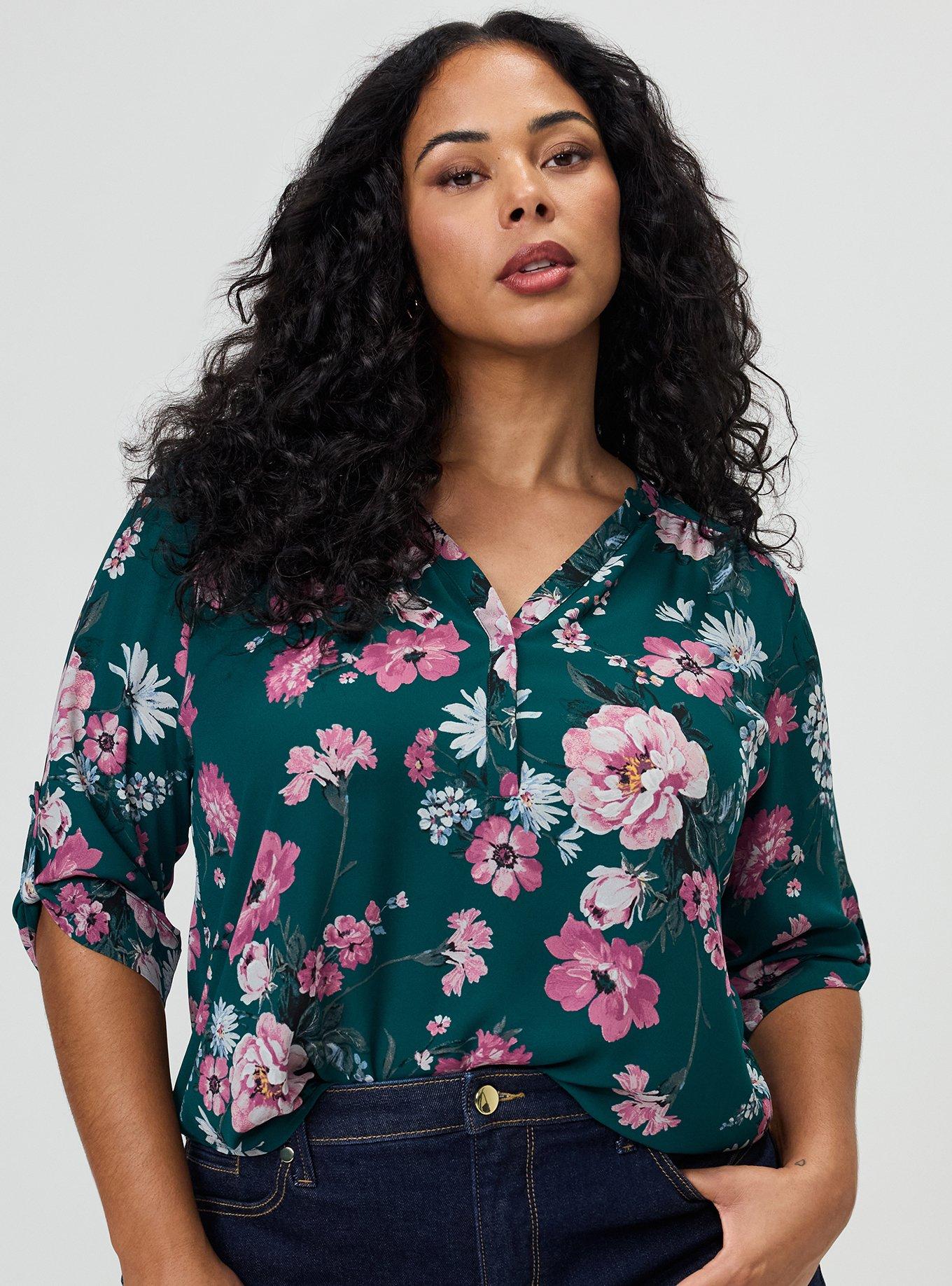 Plus Size Harper Georgette 3/4 Sleeve Blouse, CLASSICAL FLORAL GREEN, alternate