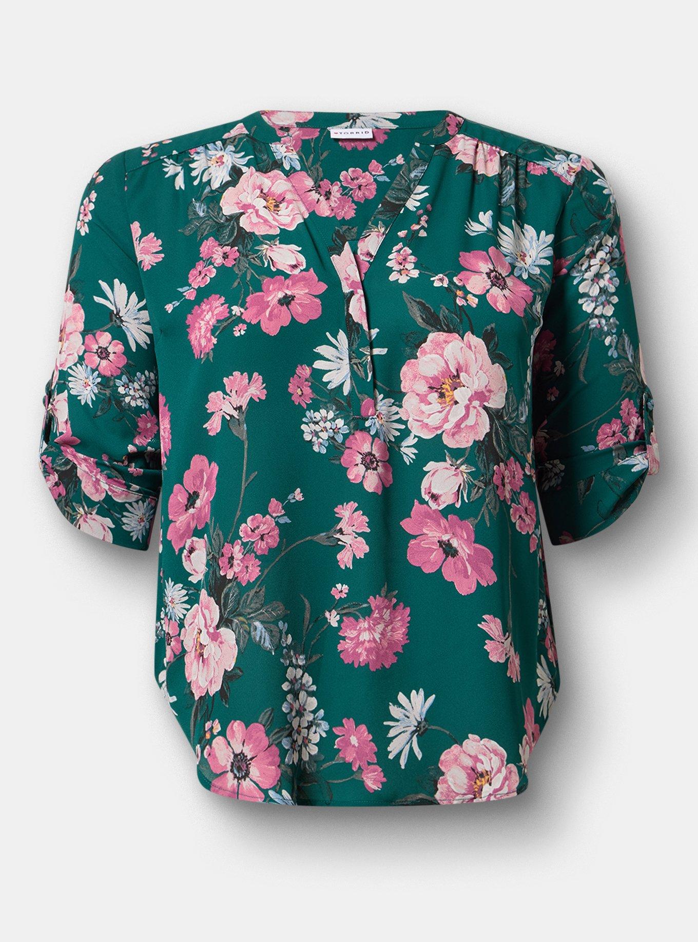 Plus Size Harper Georgette 3/4 Sleeve Blouse, CLASSICAL FLORAL GREEN, flat