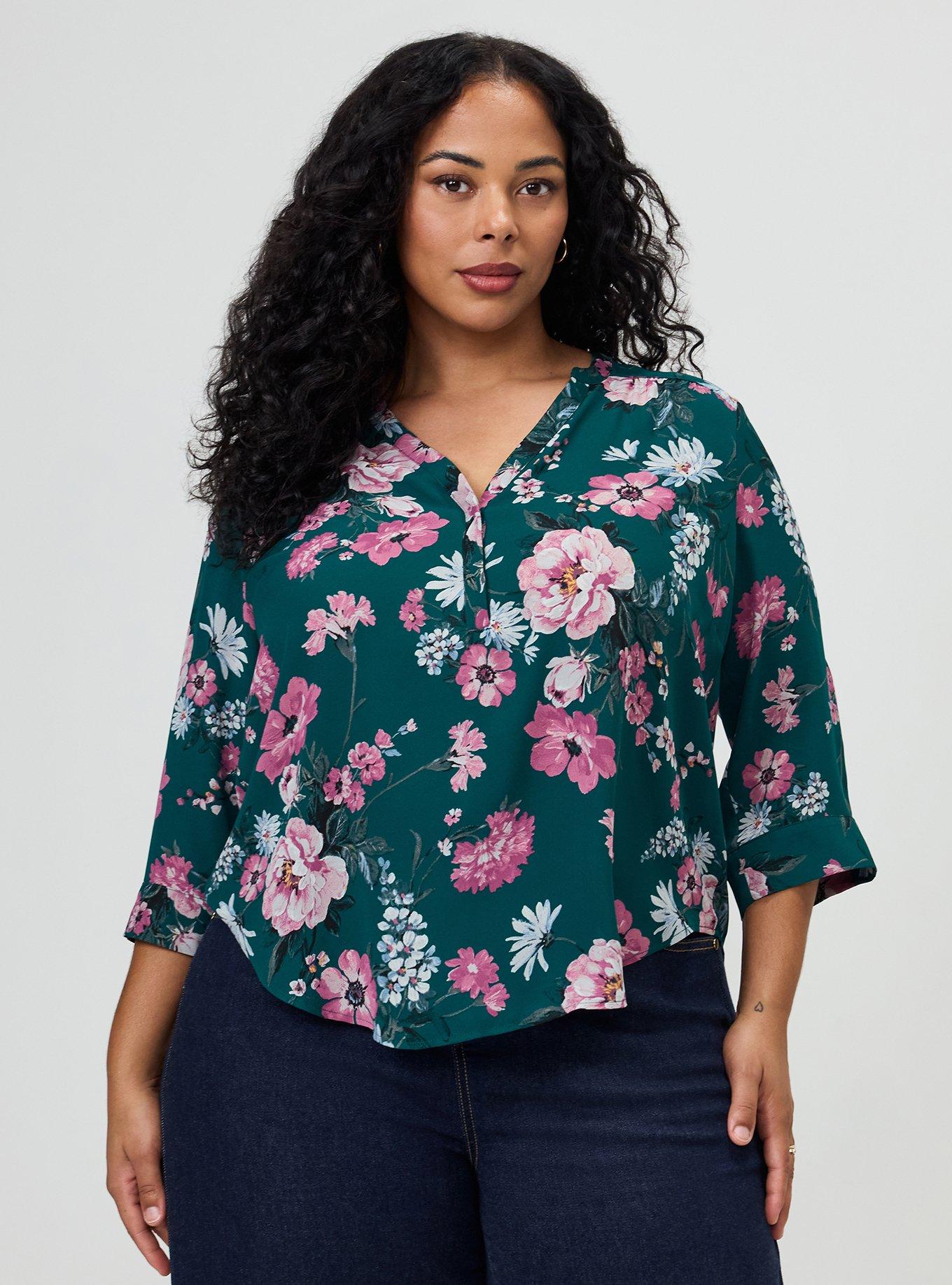 Plus Size Harper Georgette 3/4 Sleeve Blouse, CLASSICAL FLORAL GREEN, hi-res