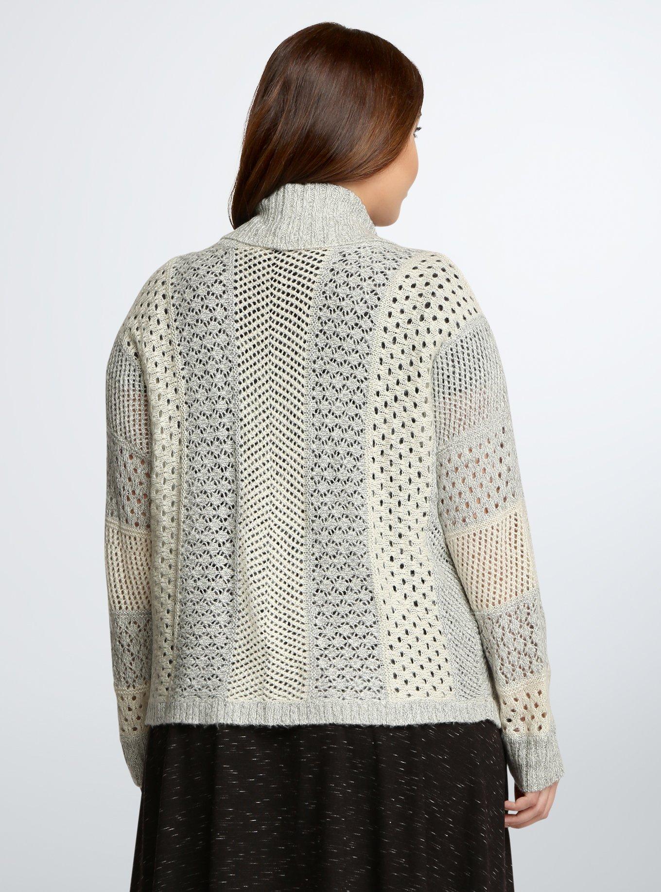 Plus Size Color Block Open Stitch Cardigan, HEATHER GREY AND WHITE STRIPE, alternate