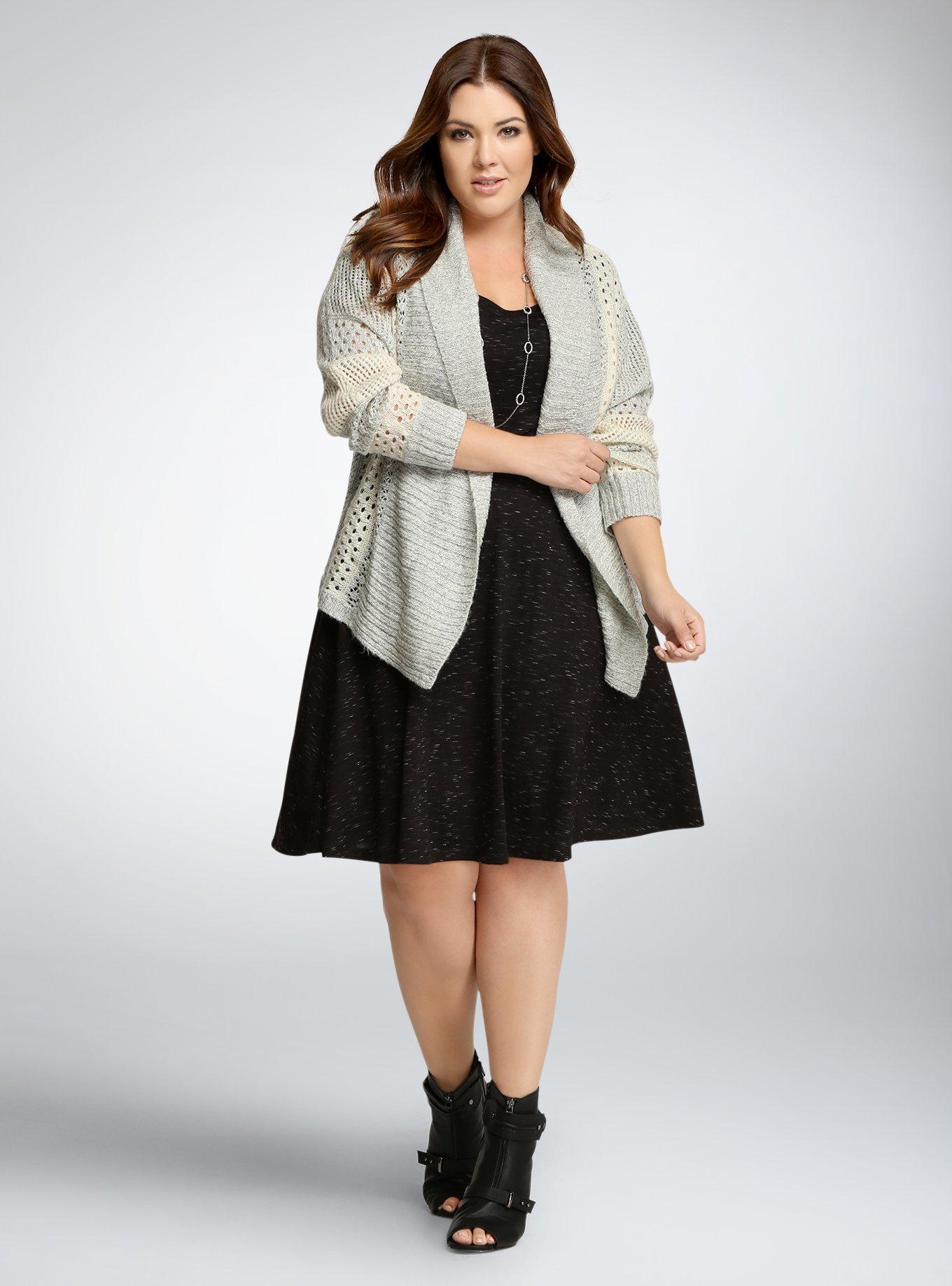 Plus Size Color Block Open Stitch Cardigan, HEATHER GREY AND WHITE STRIPE, alternate