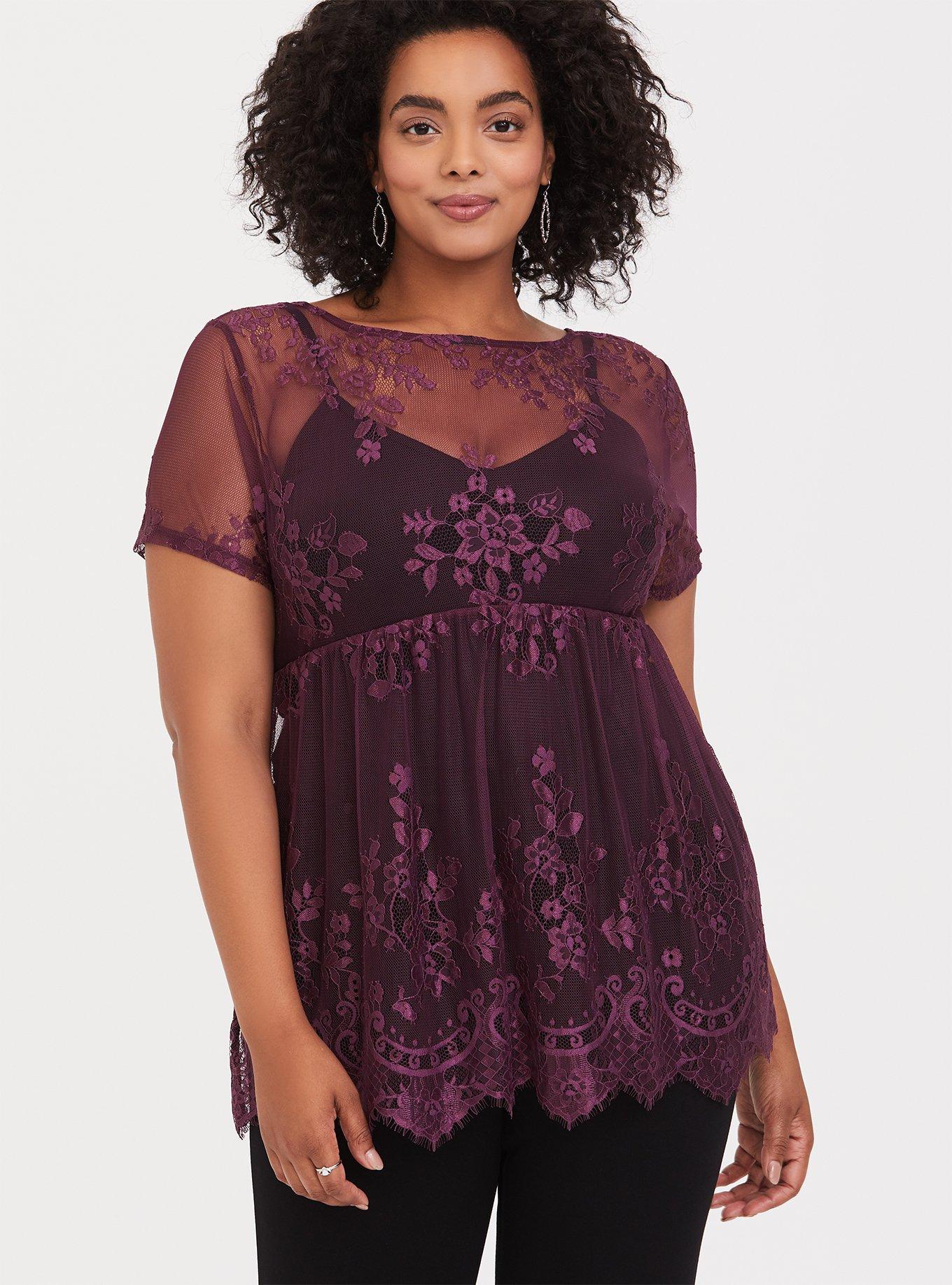 Plus Size - Babydoll Sheer Mesh Lace Crew Neck Top - Torrid