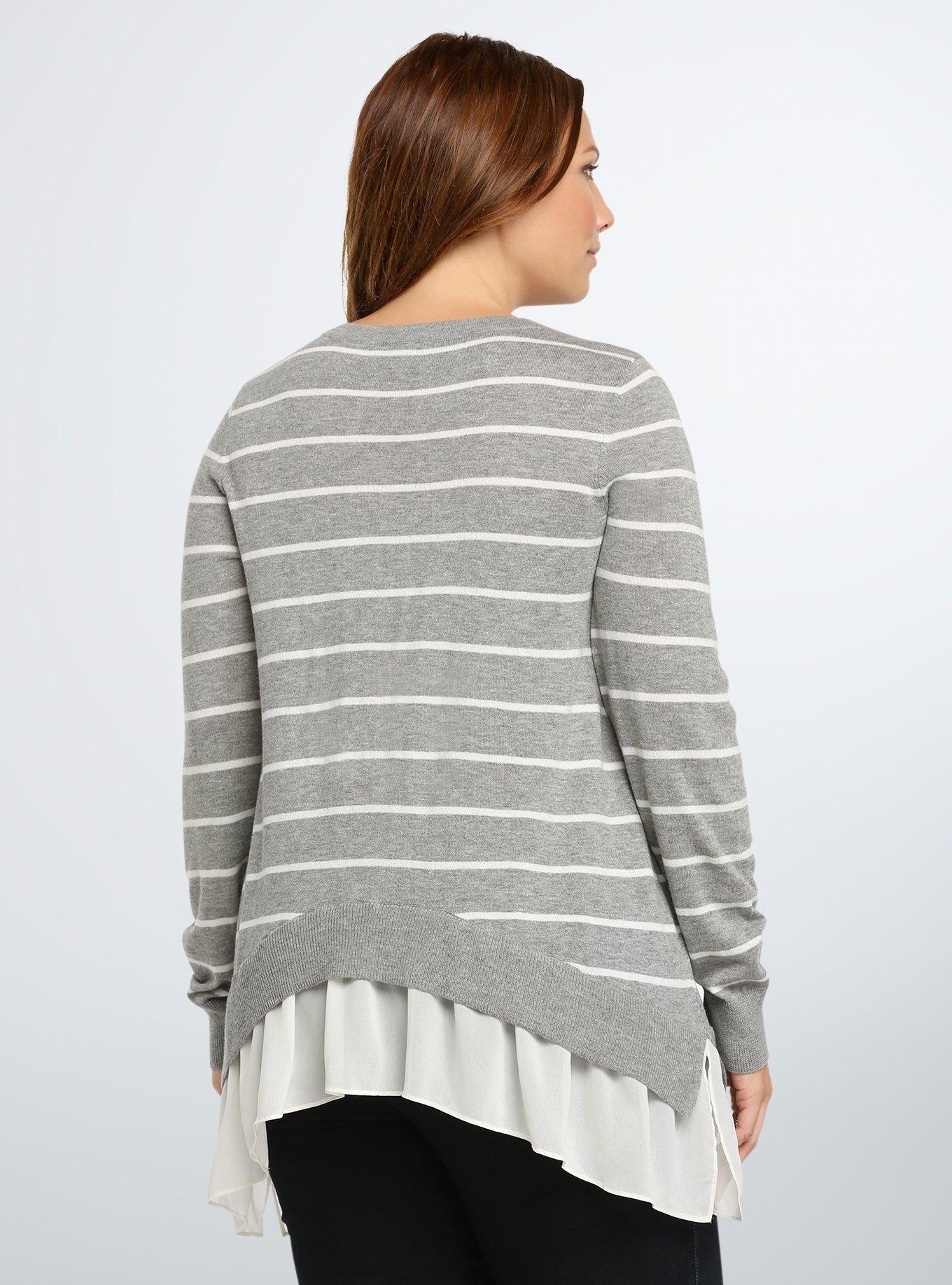 Striped Chiffon Layered Sweater, GREY STRIPE, alternate