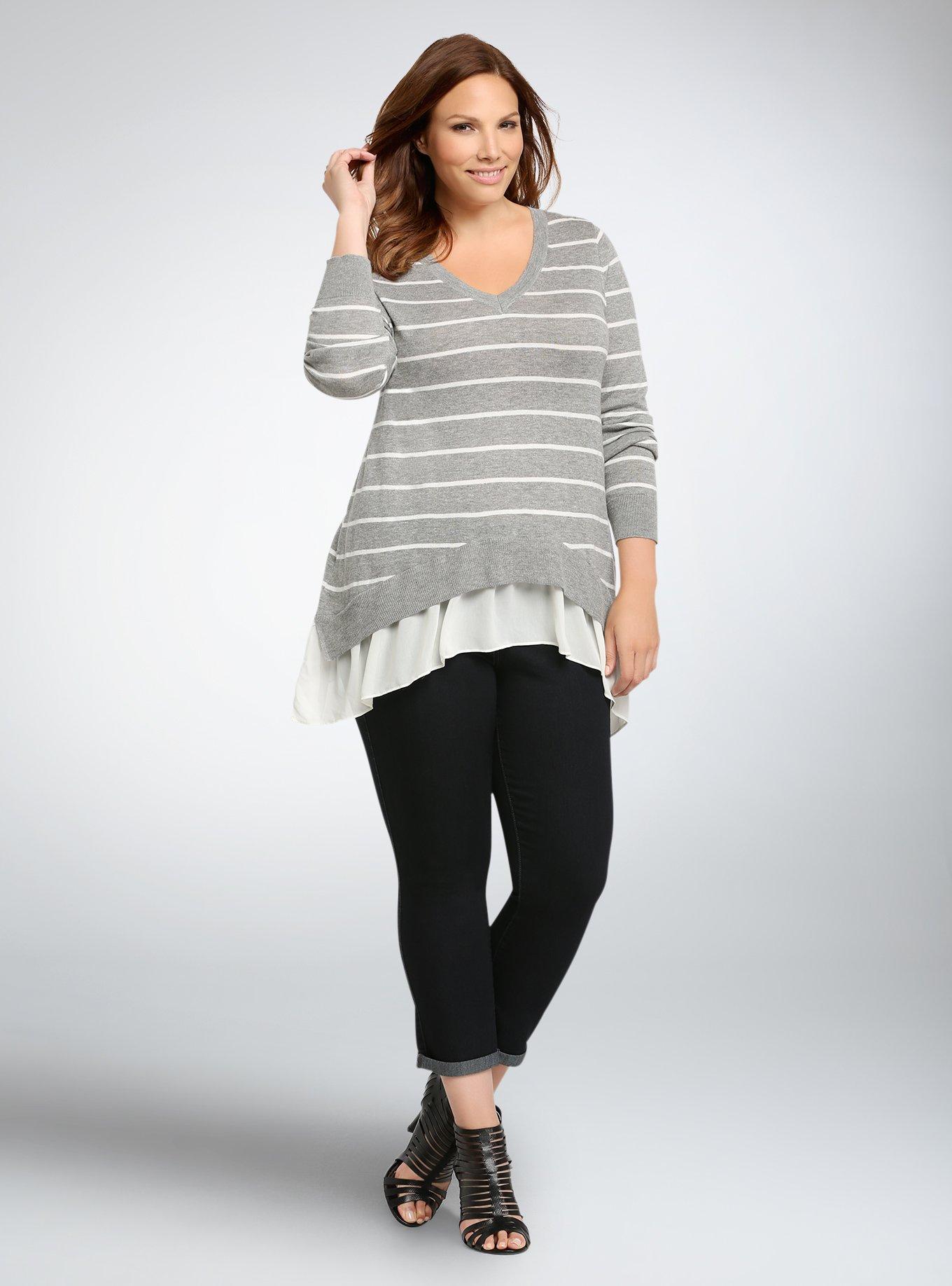Striped Chiffon Layered Sweater, GREY STRIPE, alternate