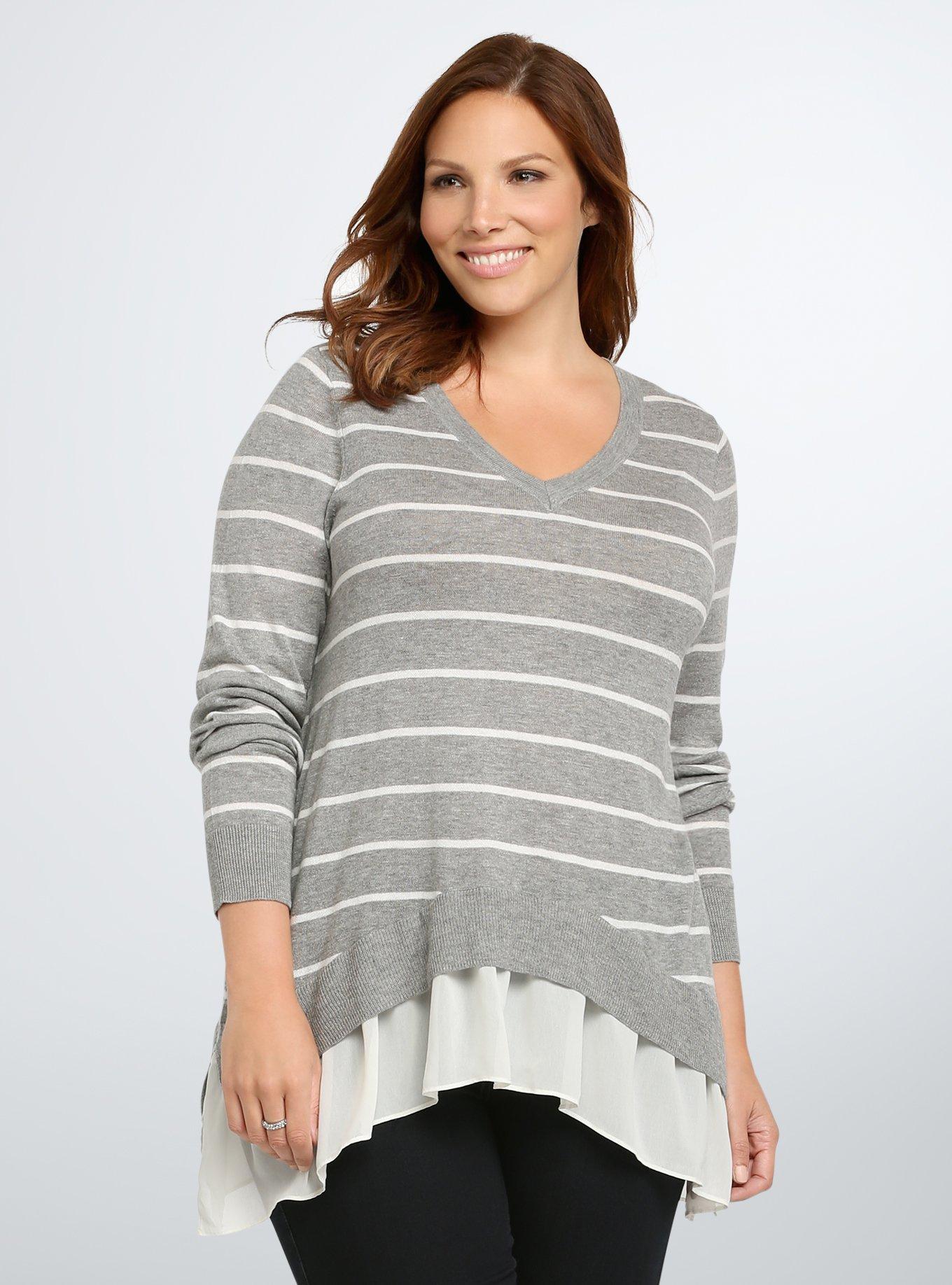 Striped Chiffon Layered Sweater, GREY STRIPE, hi-res