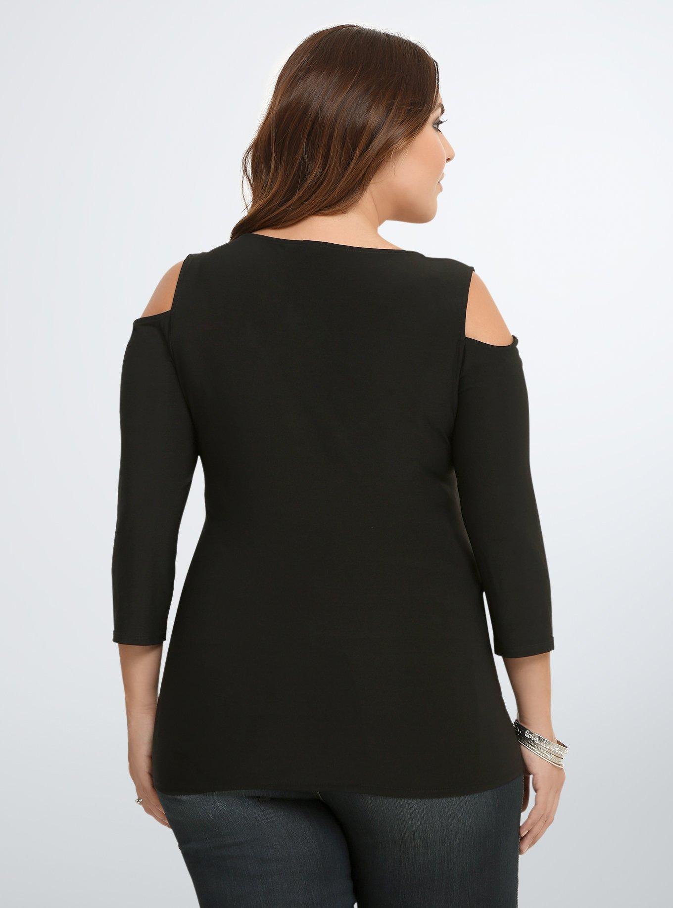Plus Size Cold Shoulder Surplice Top, DEEP BLACK, alternate