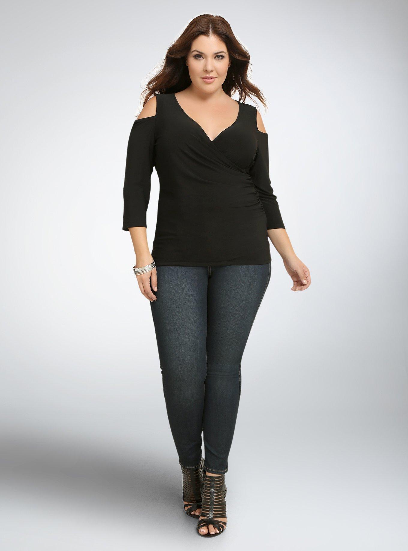 Plus Size Cold Shoulder Surplice Top, DEEP BLACK, alternate