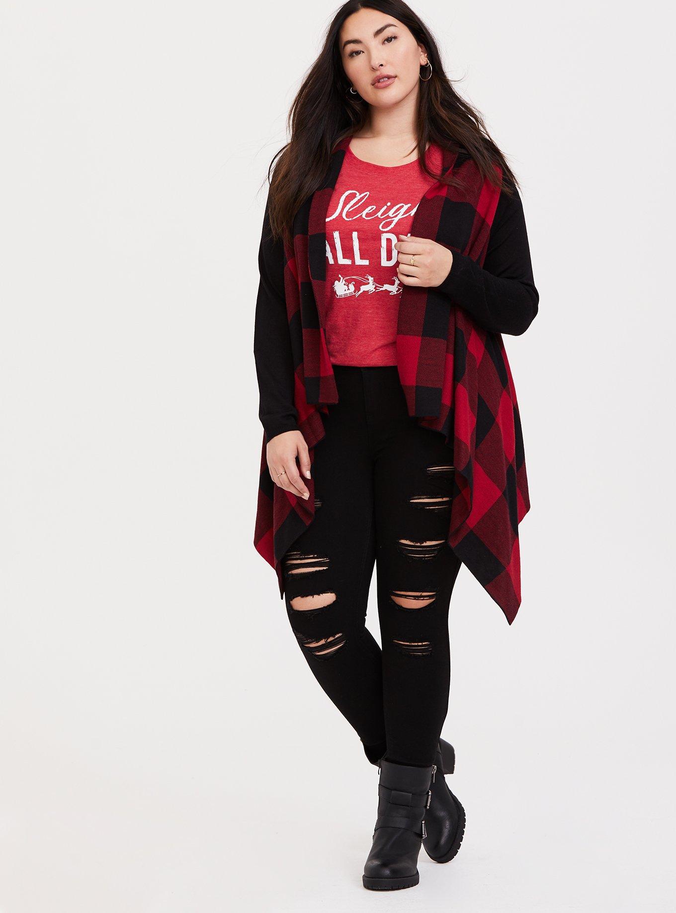 Red Plaid Drape Front Cardigan, PLAID, alternate