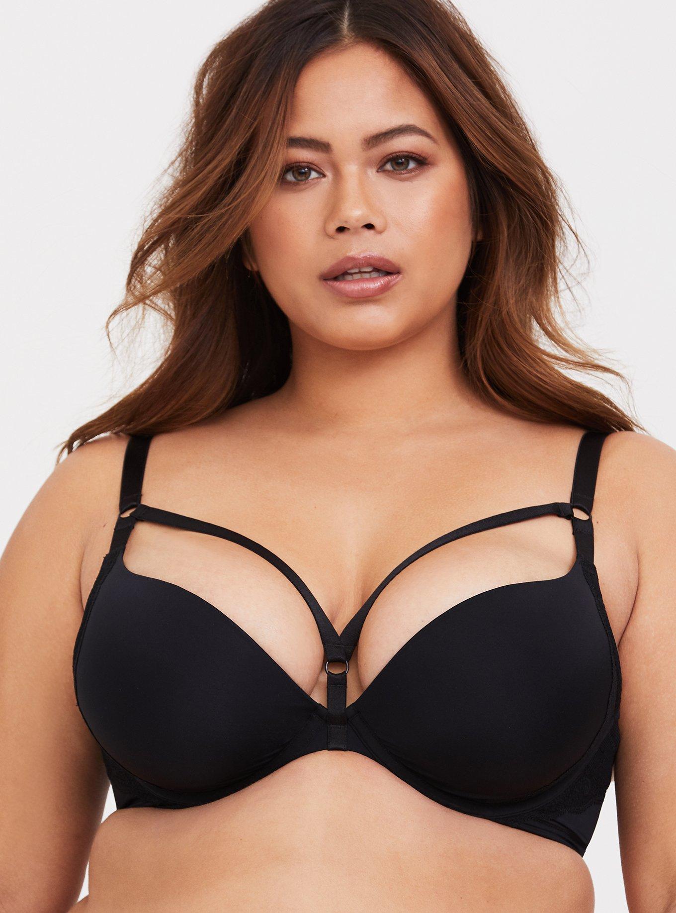 Plus Size - Plunge Push-Up Micro And Fishnet Straight Back Bra