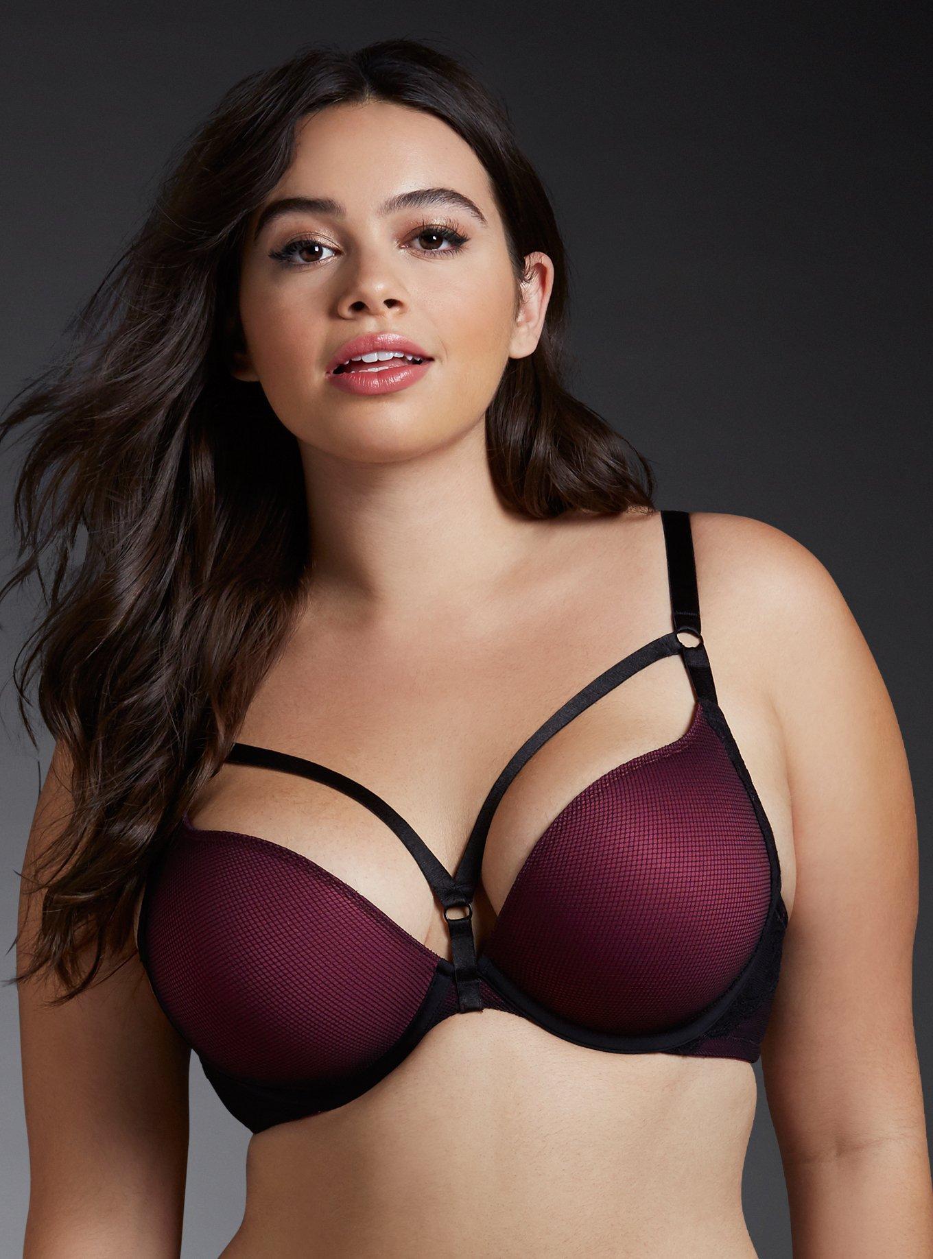 Plus Size - Plunge Push-Up Micro And Fishnet Straight Back Bra
