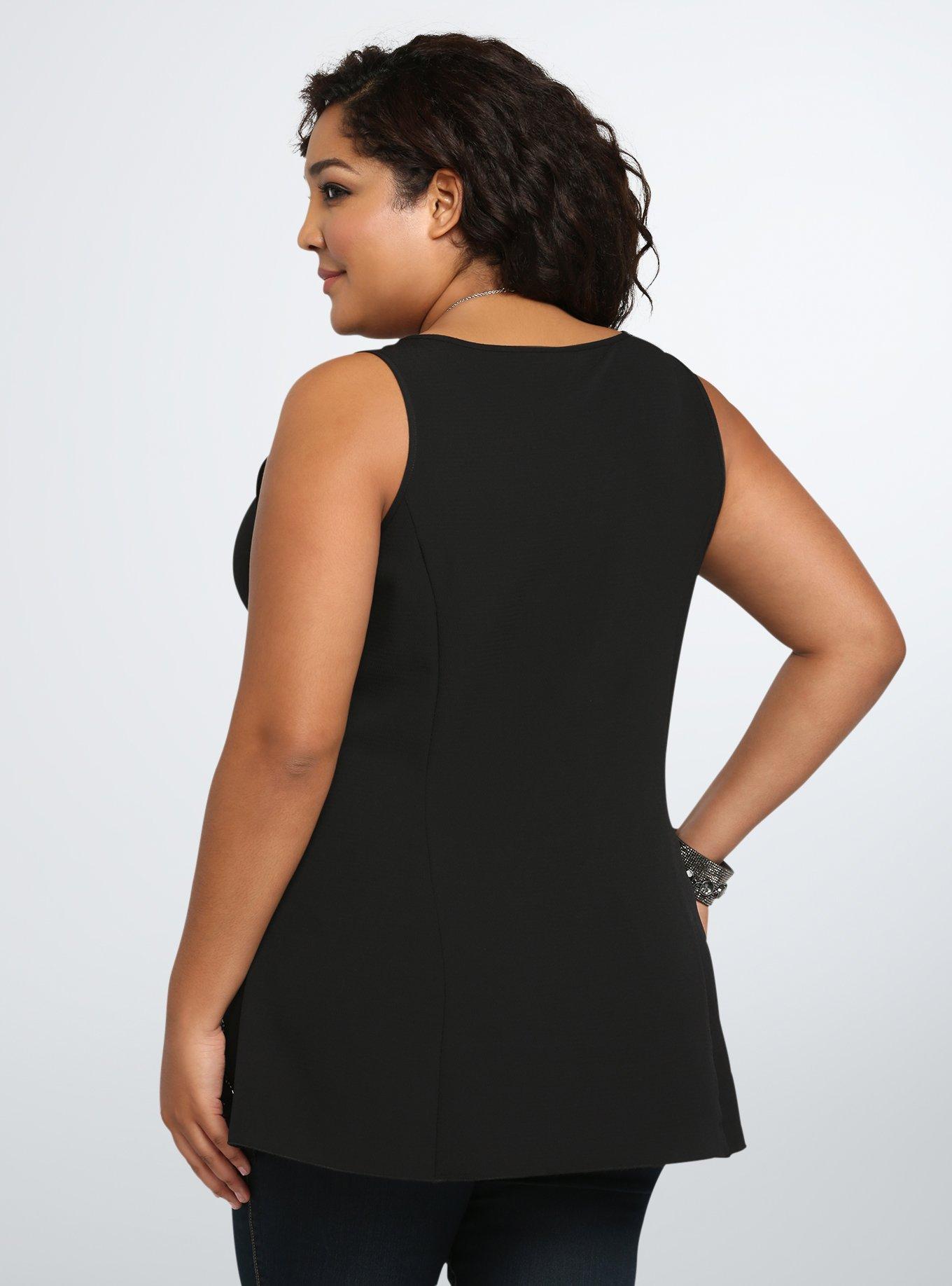 Plus Size Crepe Embroidered Tank Top, DEEP BLACK, alternate