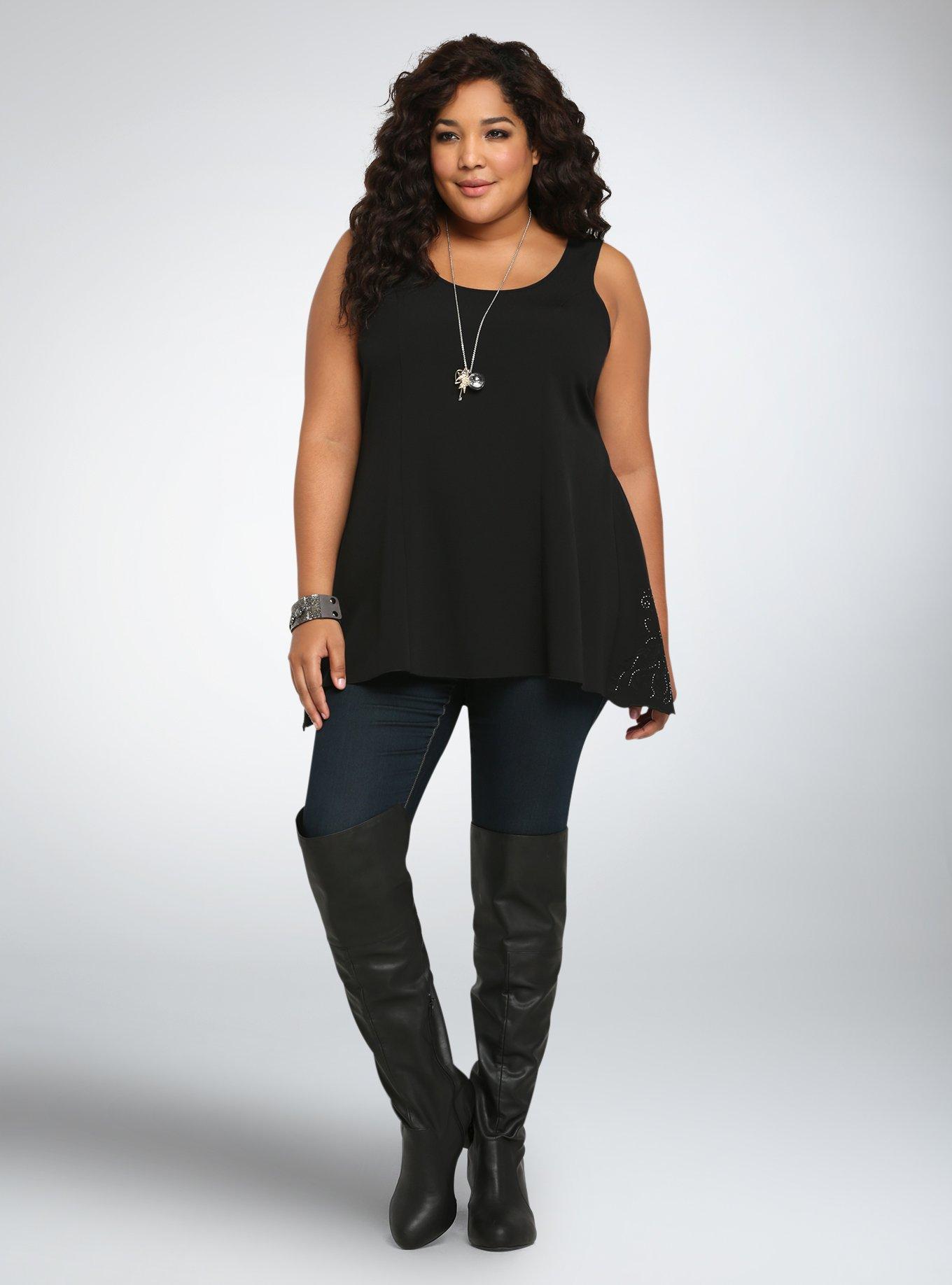 Plus Size Crepe Embroidered Tank Top, DEEP BLACK, alternate