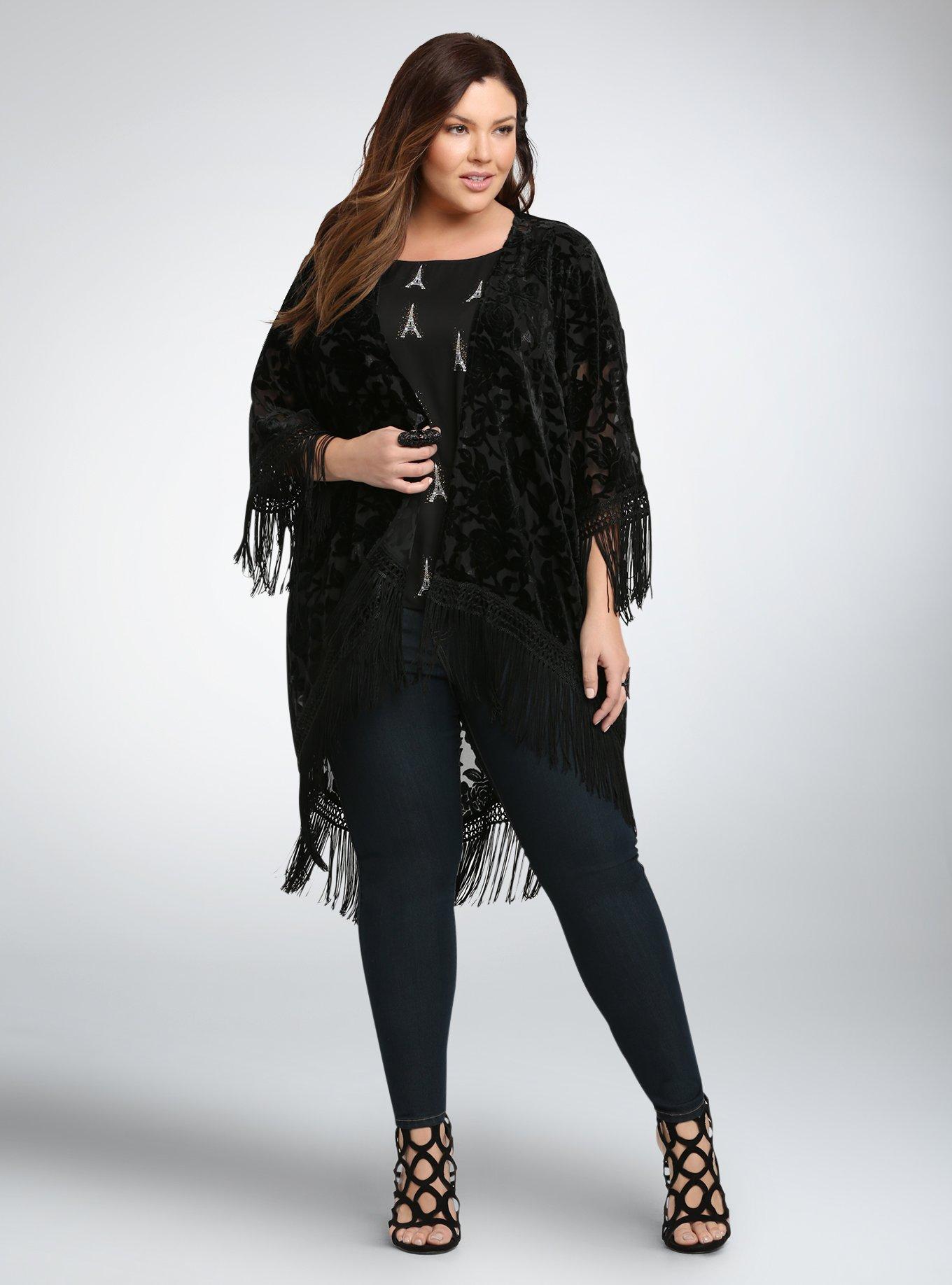 Velvet Burnout Kimono, DEEP BLACK, hi-res