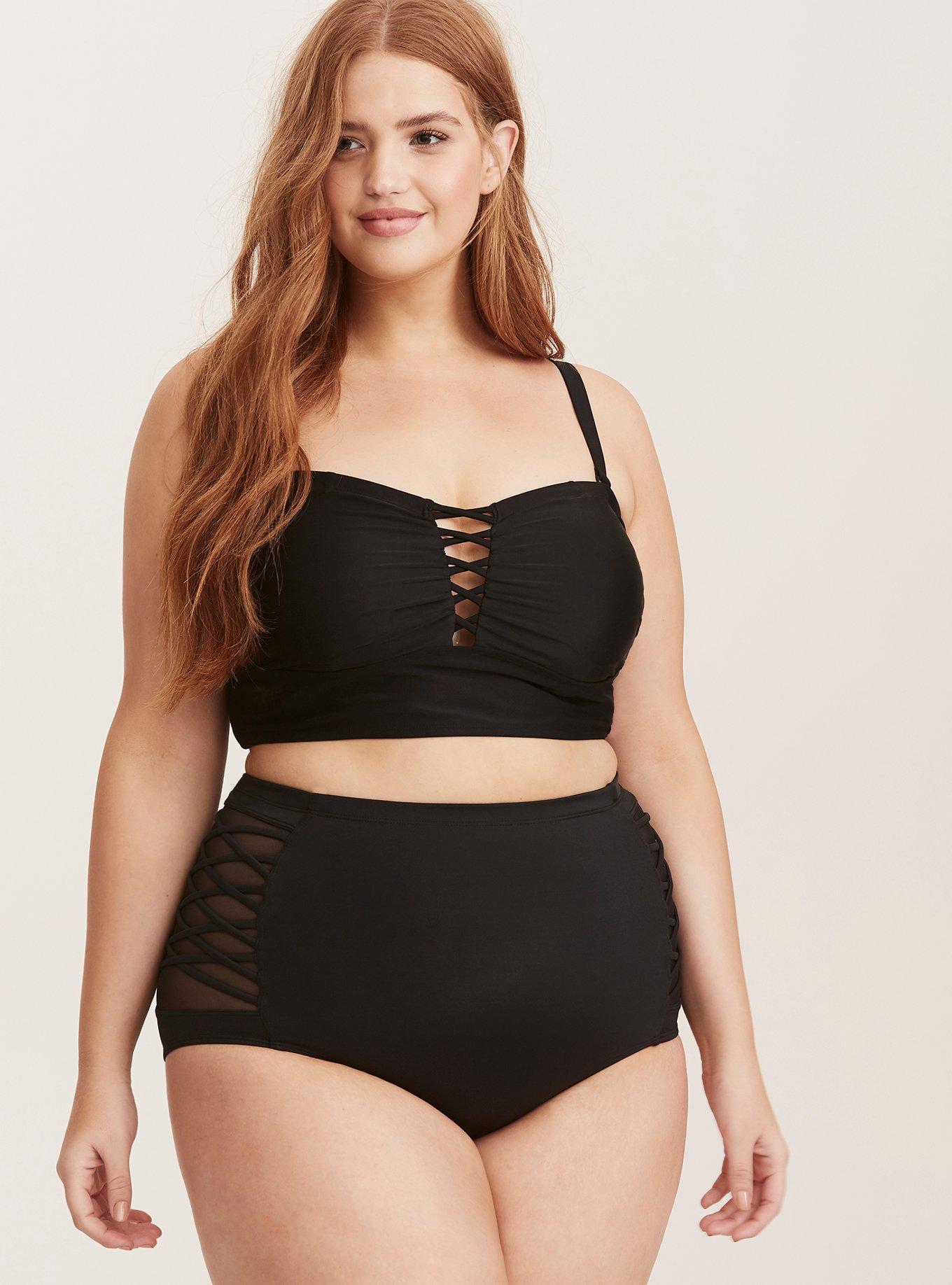 Plus Size Wireless Lattice Front Bikini Top, , hi-res