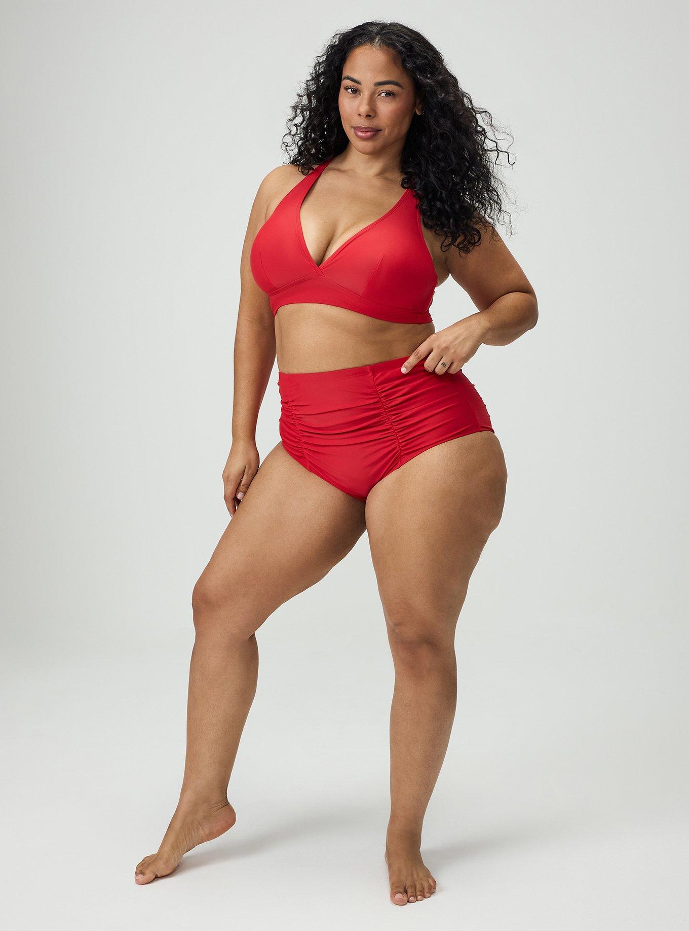 High-Rise Ruched Swim Bottom, RED, hi-res