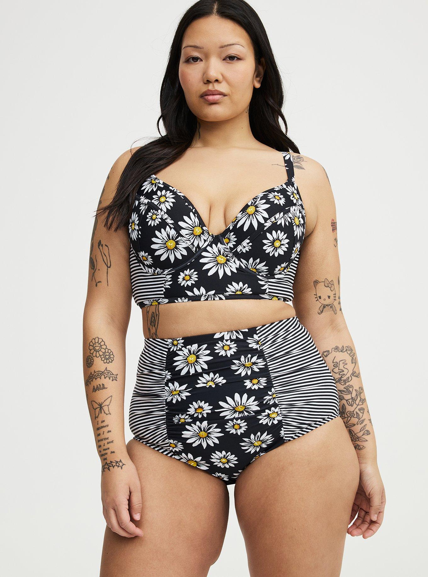 High-Rise Ruched Swim Bottom, DAISY DELIGHT BLACK, hi-res