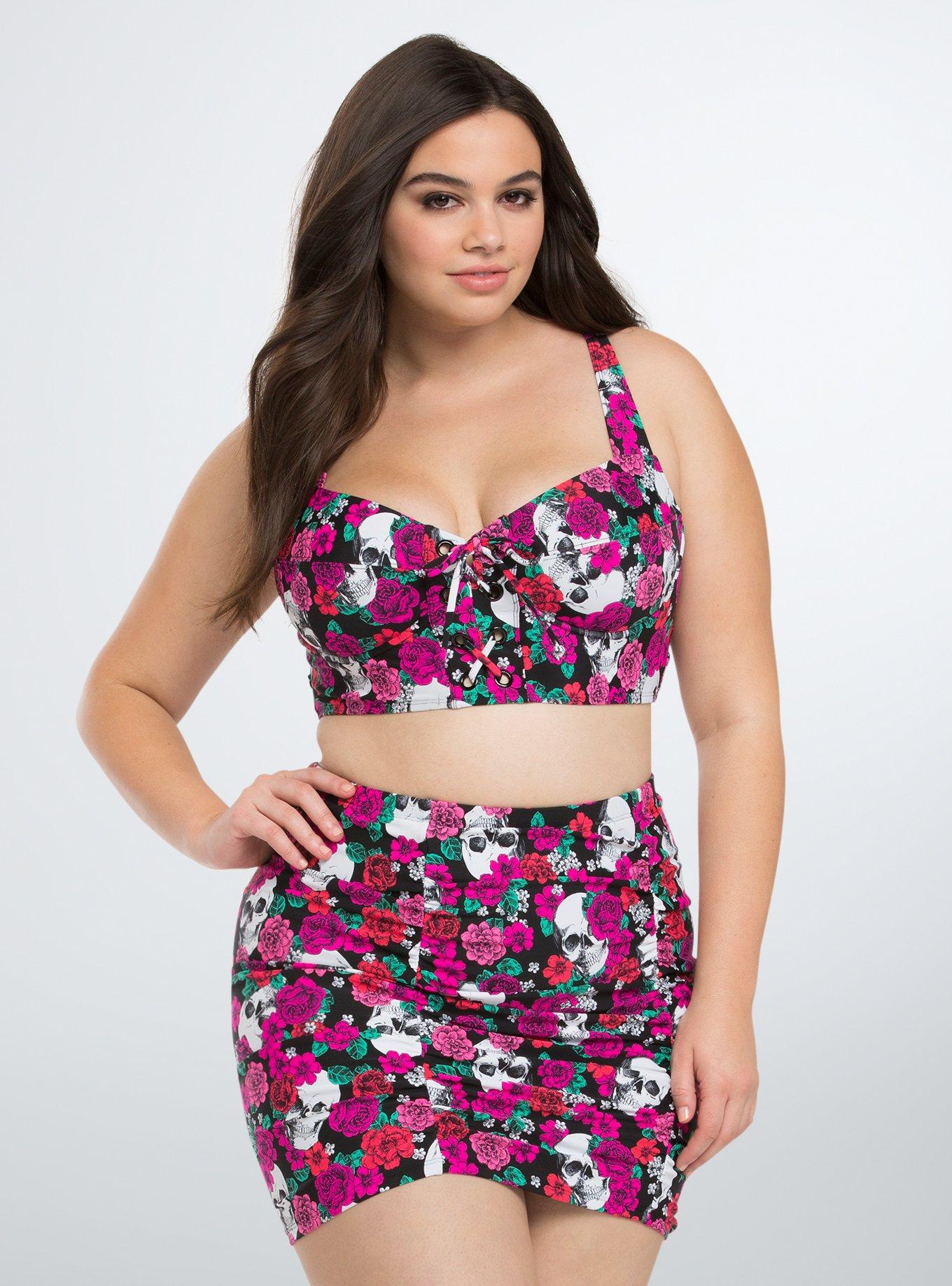 Plus Size - Floral Skull Lace Up Bikini Top - Torrid