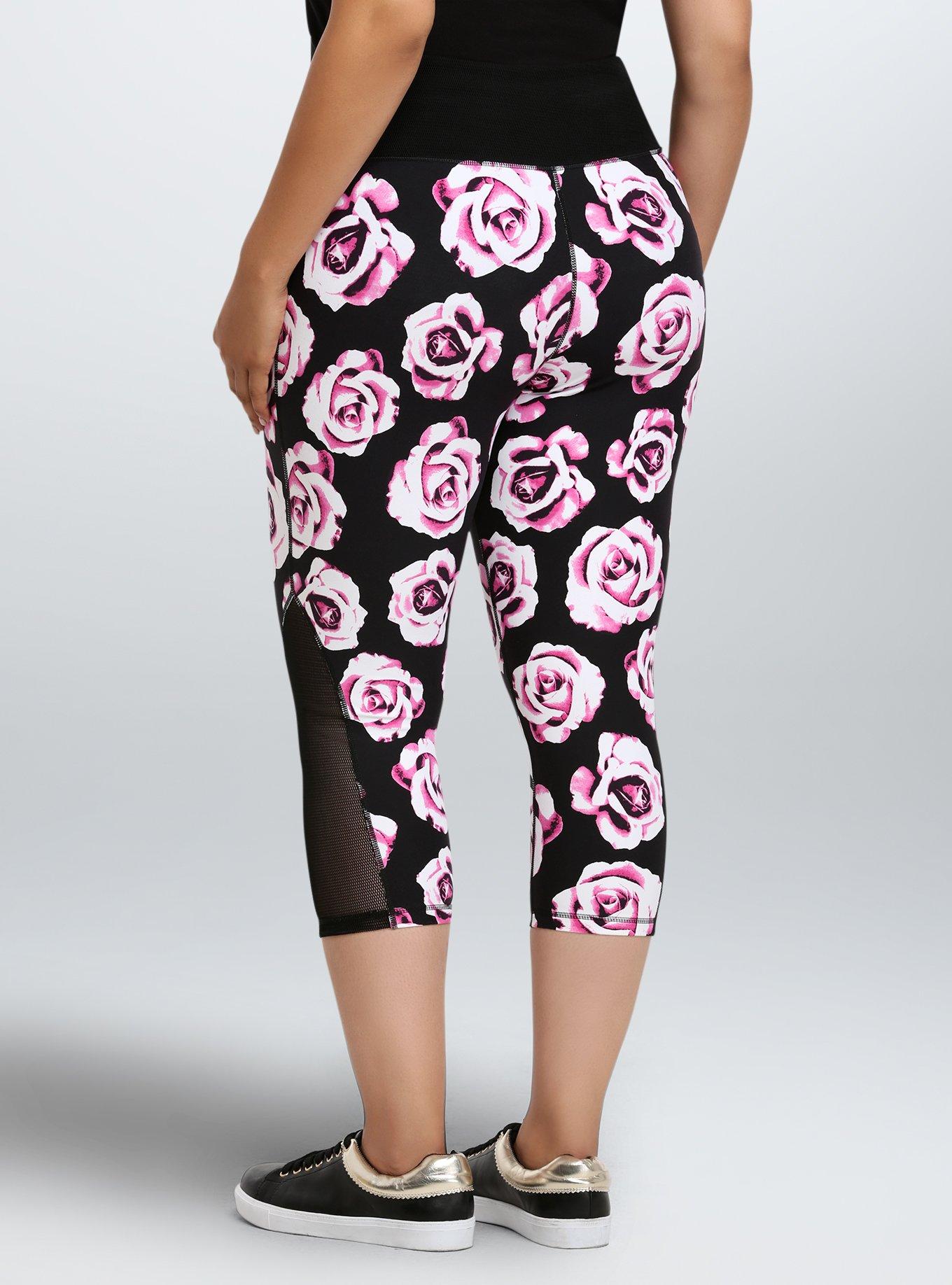 LEG-25 {Rose Garden} Black/Magenta Floral Print Leggings PLUS SIZE 1X/2X