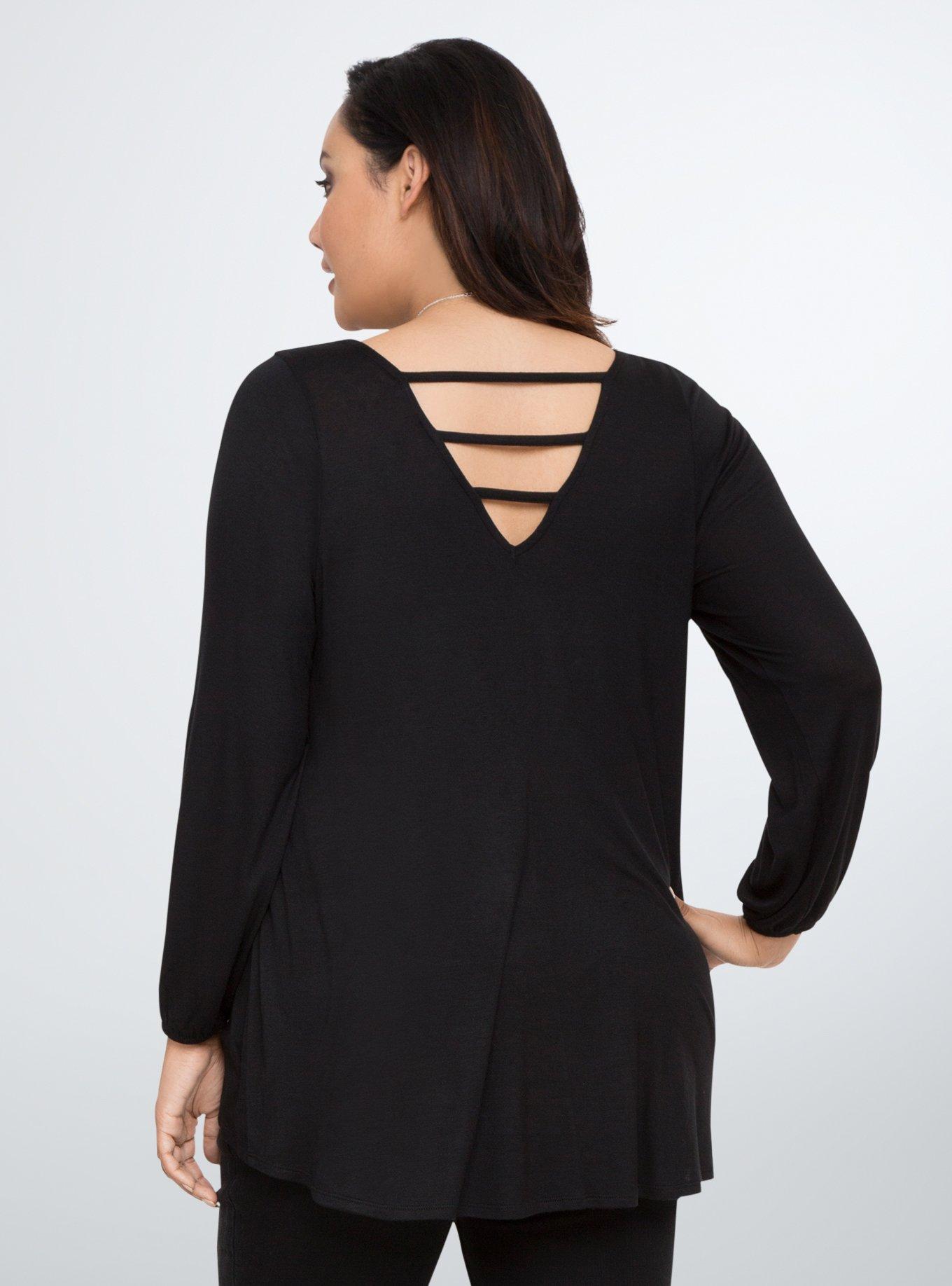 Plus Size Split Sleeve Lattice Back Top, DEEP BLACK, alternate