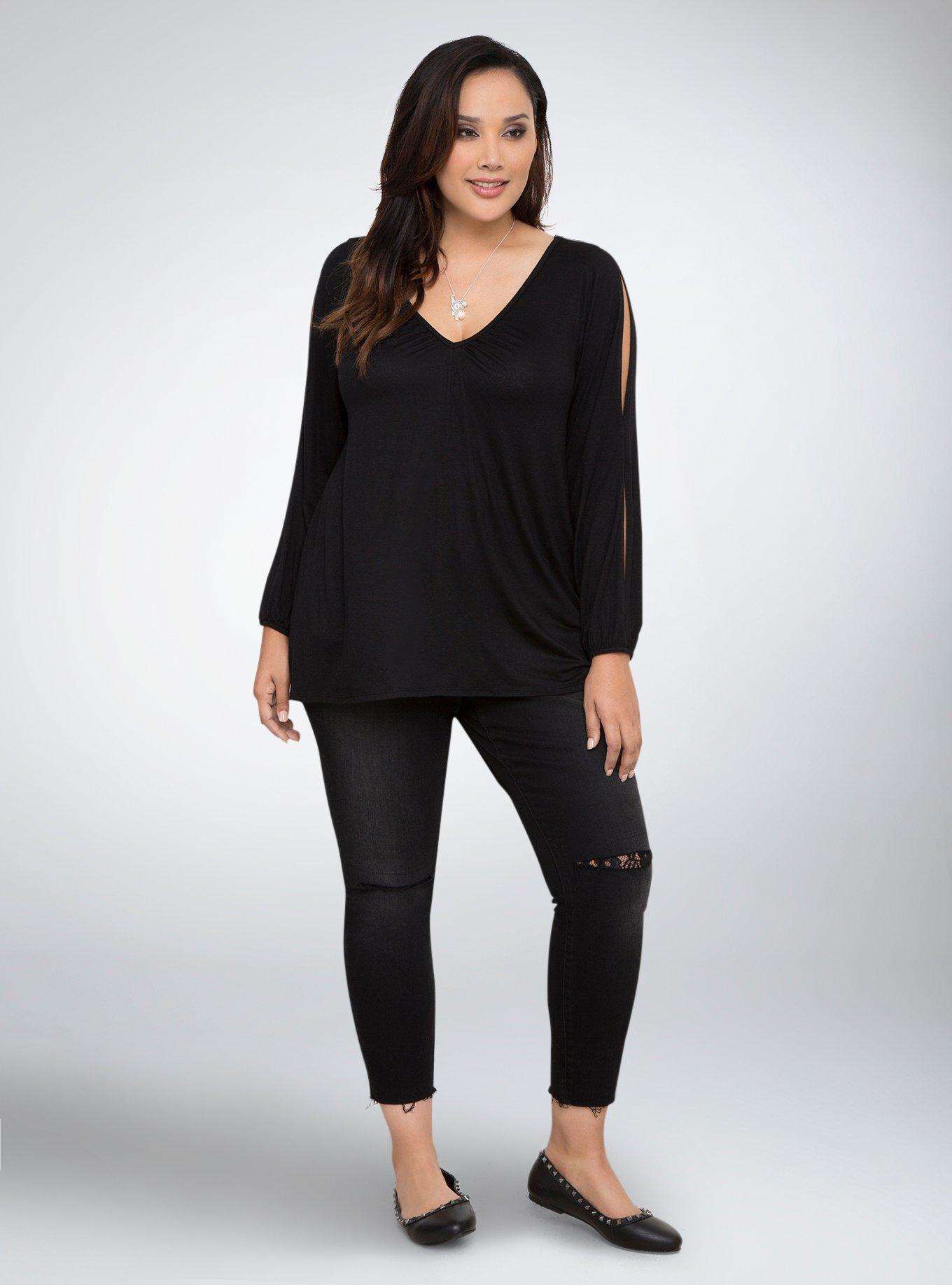 Plus Size Split Sleeve Lattice Back Top, DEEP BLACK, alternate