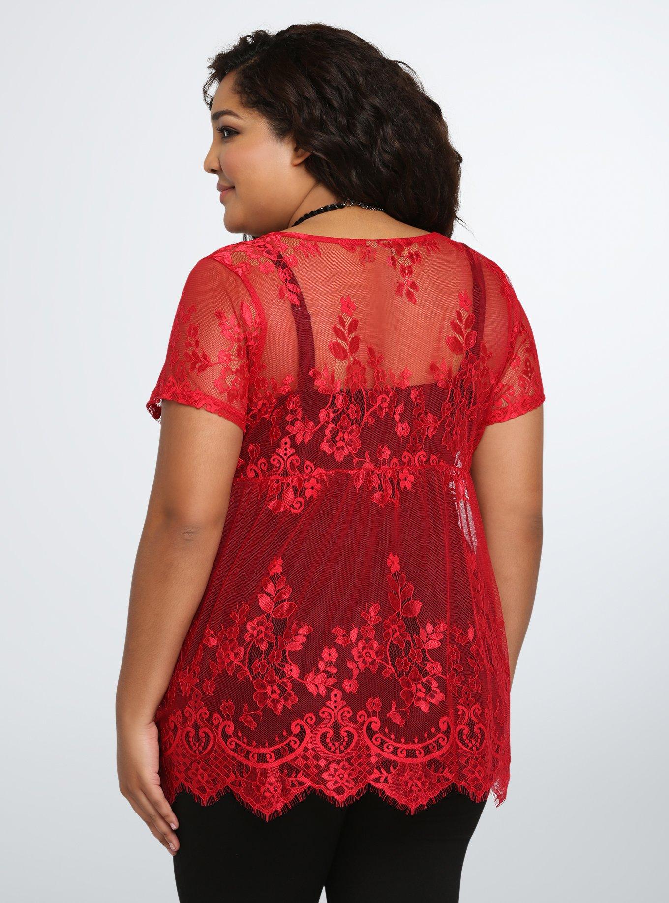 Plus Size Lace Babydoll Top, RED, alternate