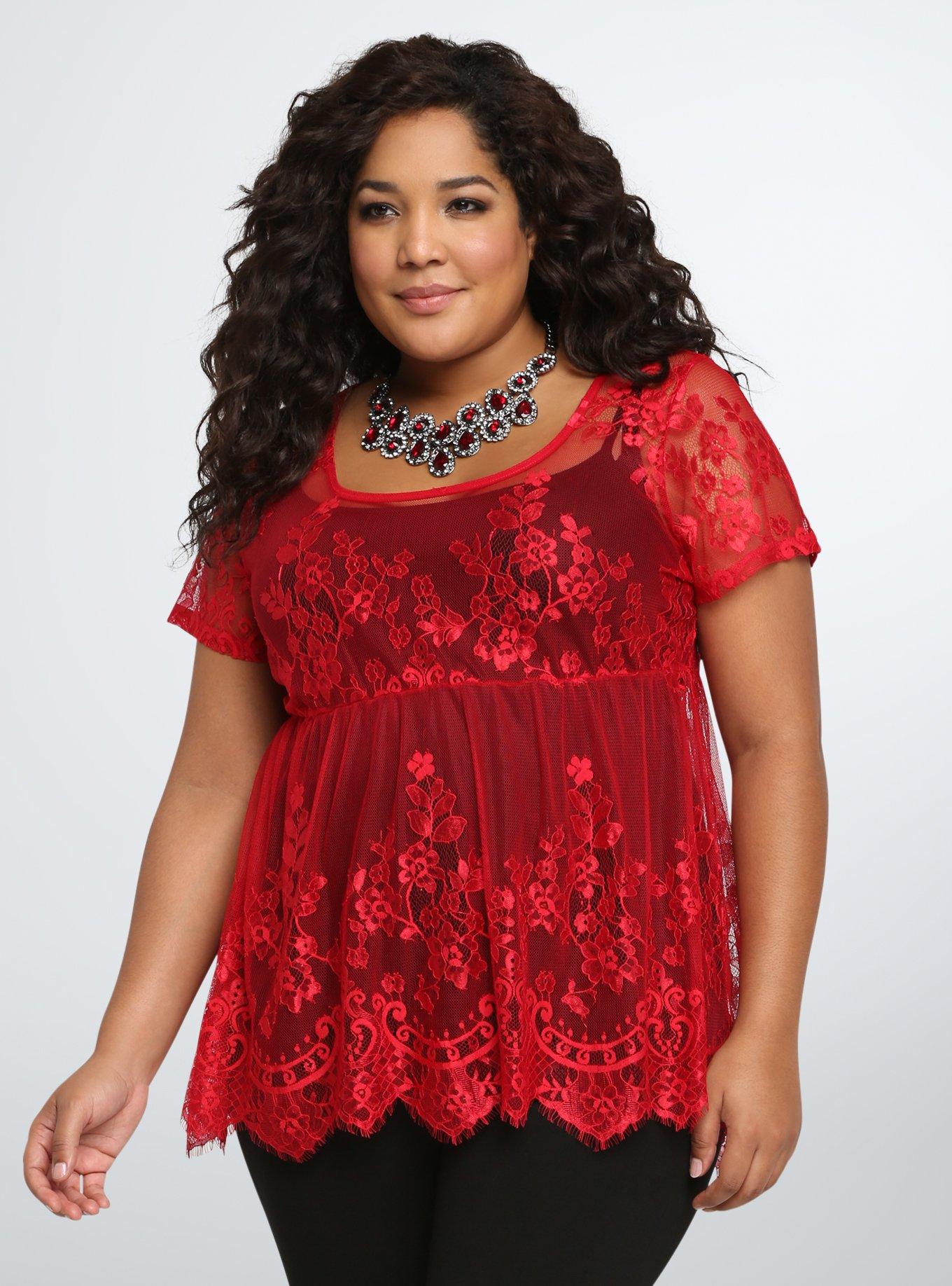 Plus Size Lace Babydoll Top, RED, hi-res