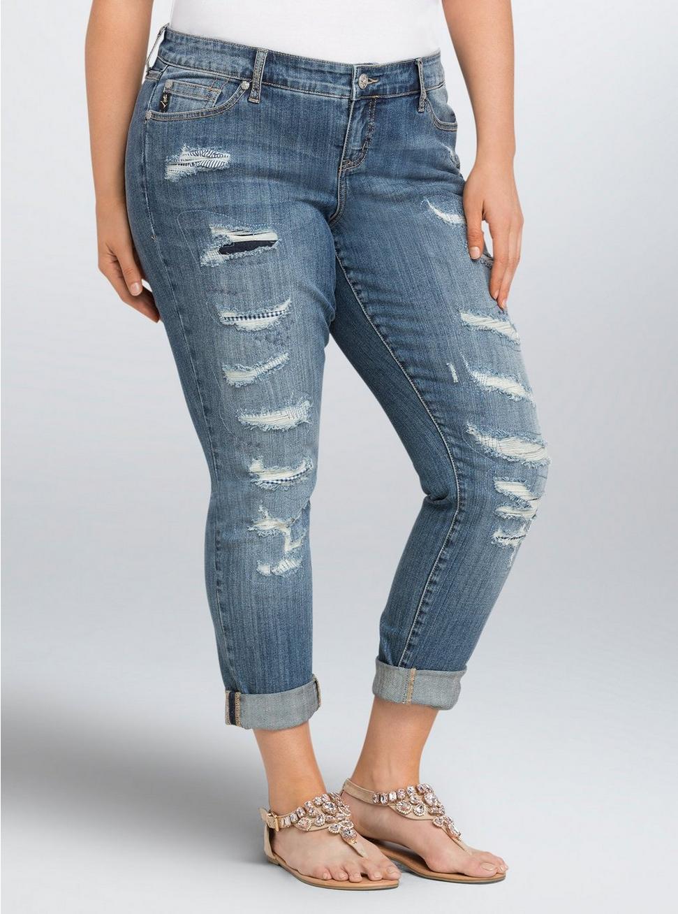 Size - Torrid Premium Boyfriend Jeans - Light Wash with Ripped Destruction (Tall) -