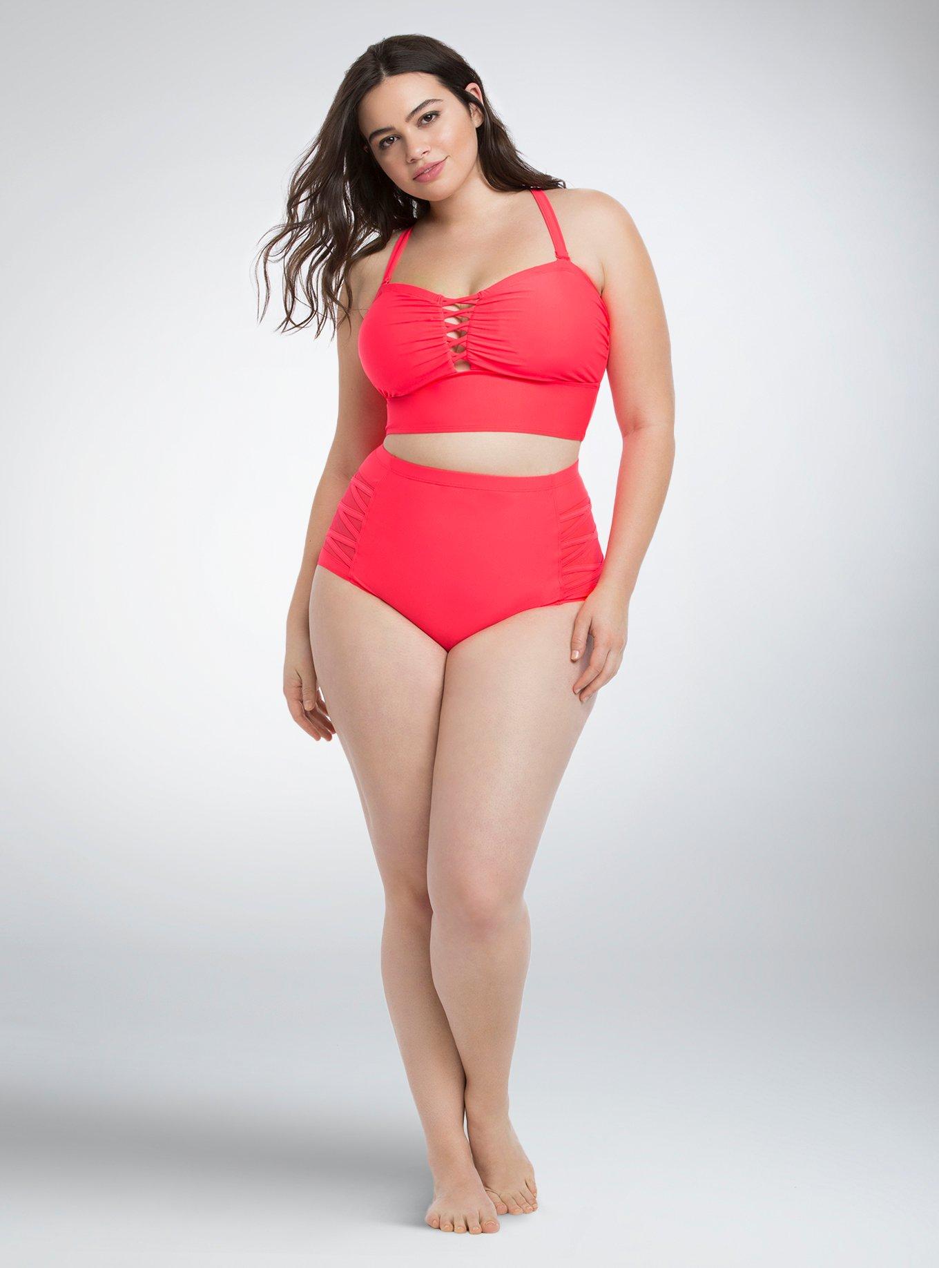 Lattice Mesh High Waist Swim Bottom, RED, alternate