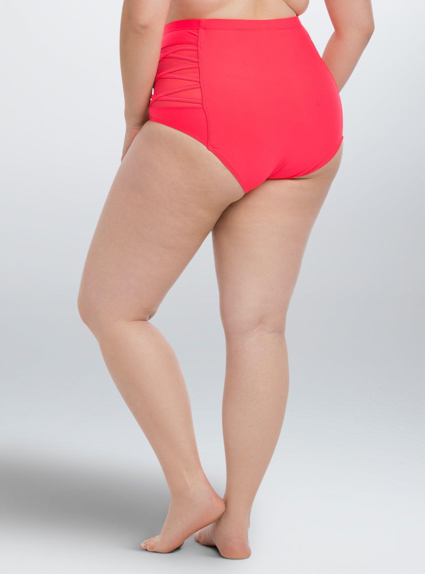 Lattice Mesh High Waist Swim Bottom, RED, alternate
