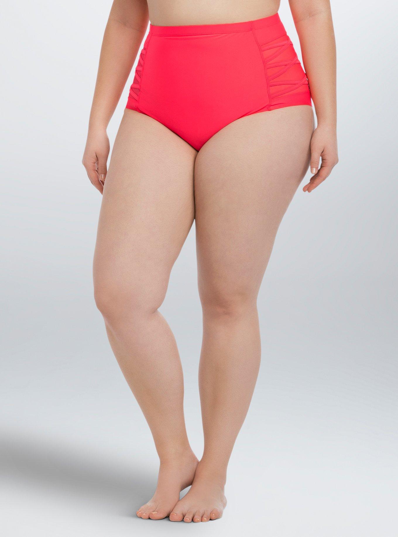 Lattice Mesh High Waist Swim Bottom, RED, hi-res