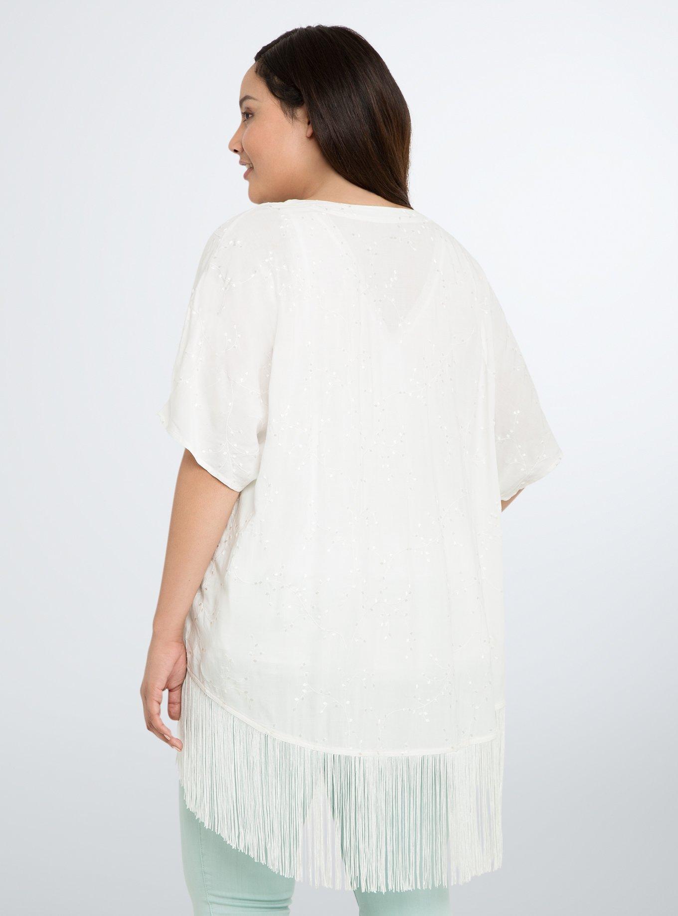 Plus Size Embroidered Fringe Kimono, CLOUD DANCER, alternate