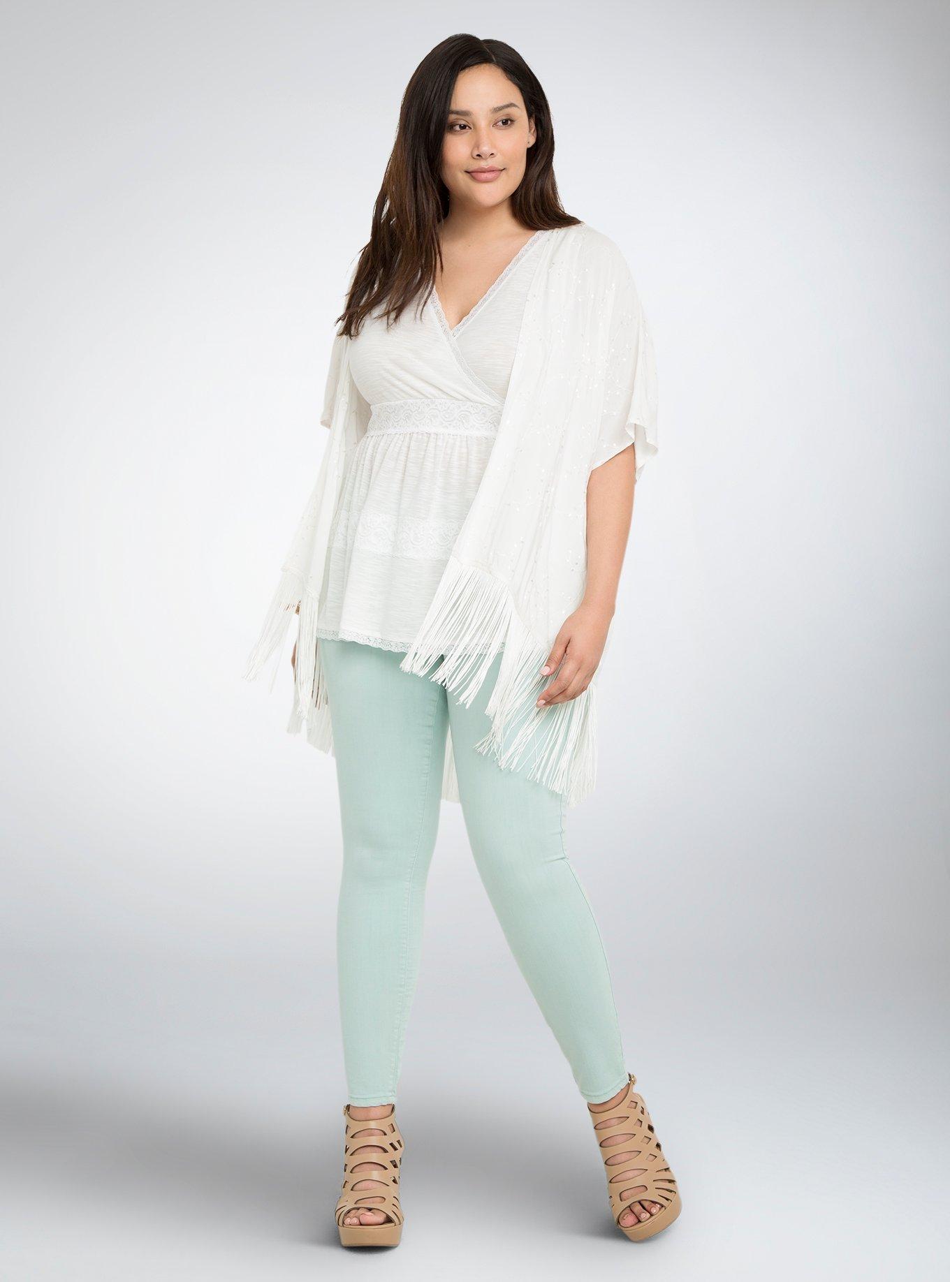 Plus Size Embroidered Fringe Kimono, CLOUD DANCER, alternate