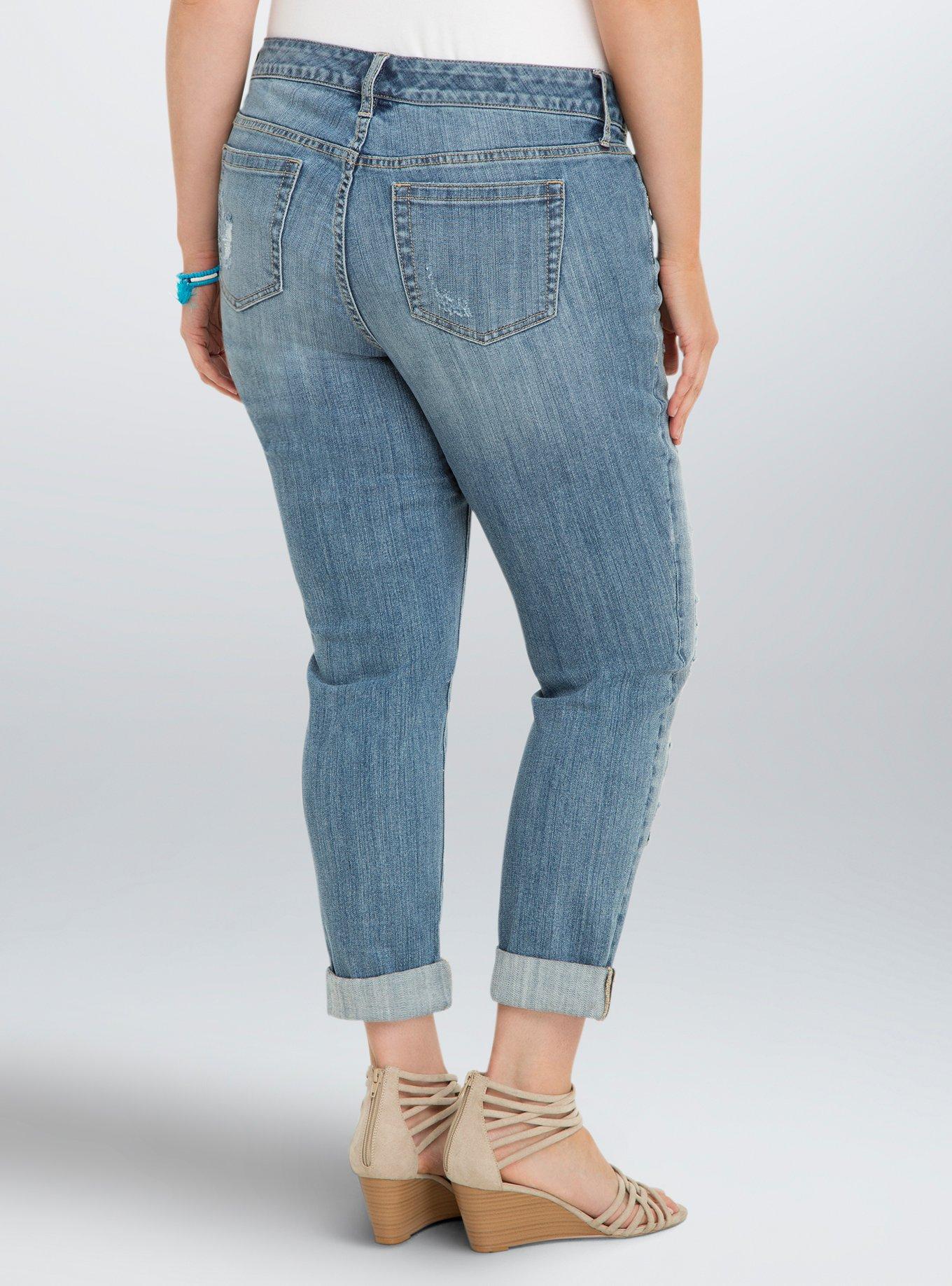 Plus Size Torrid Premium Boyfriend Jeans - Light Wash with Paisley Destruction (Regular), INDIGO PAISLEY, alternate